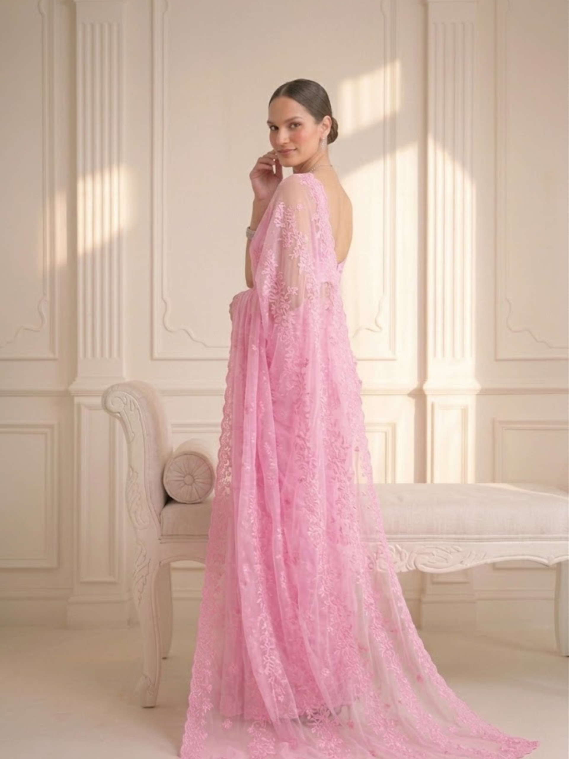 Blush Pink Stripe Lace Saree with Sequin and Blouse Fabric