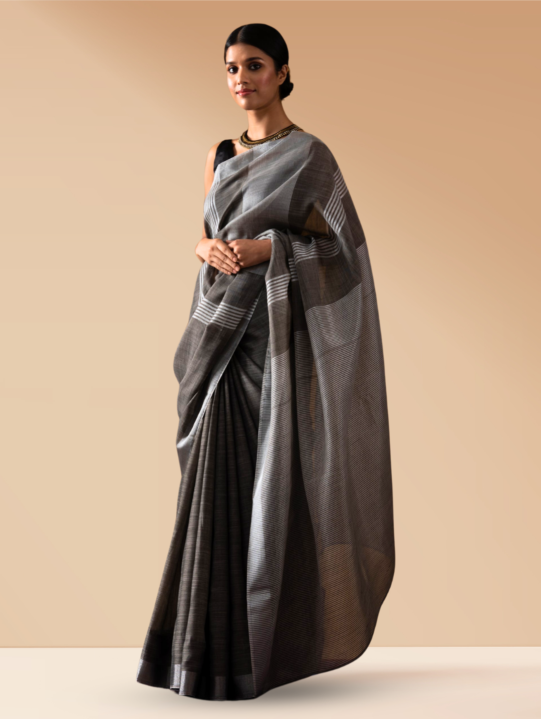 Charcoal Khadi Linen Blend Saree with Blouse Fabric
