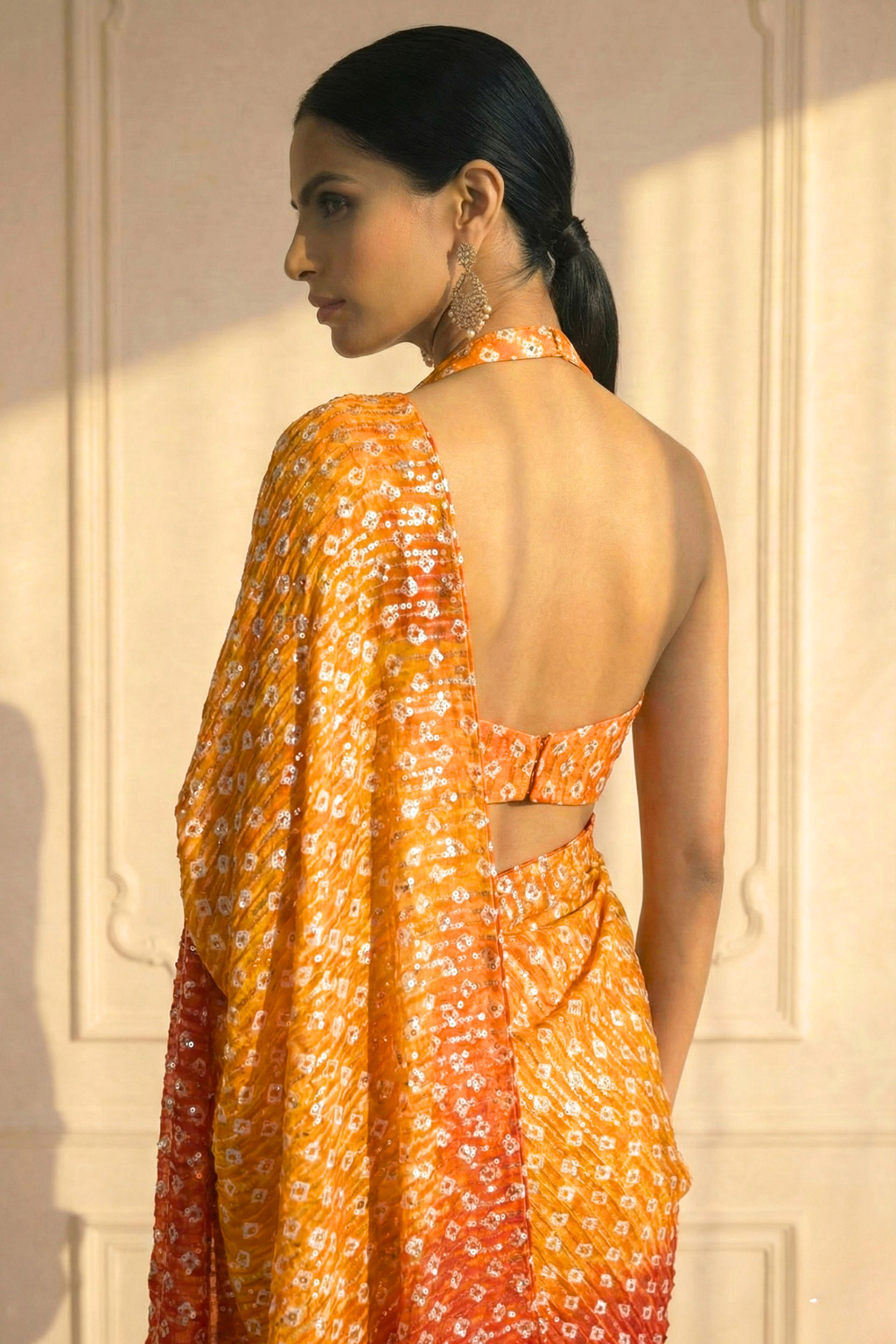 Sunset Orange and Yellow Ombre' Knitted Printed Sequin Saree with Blouse Fabric