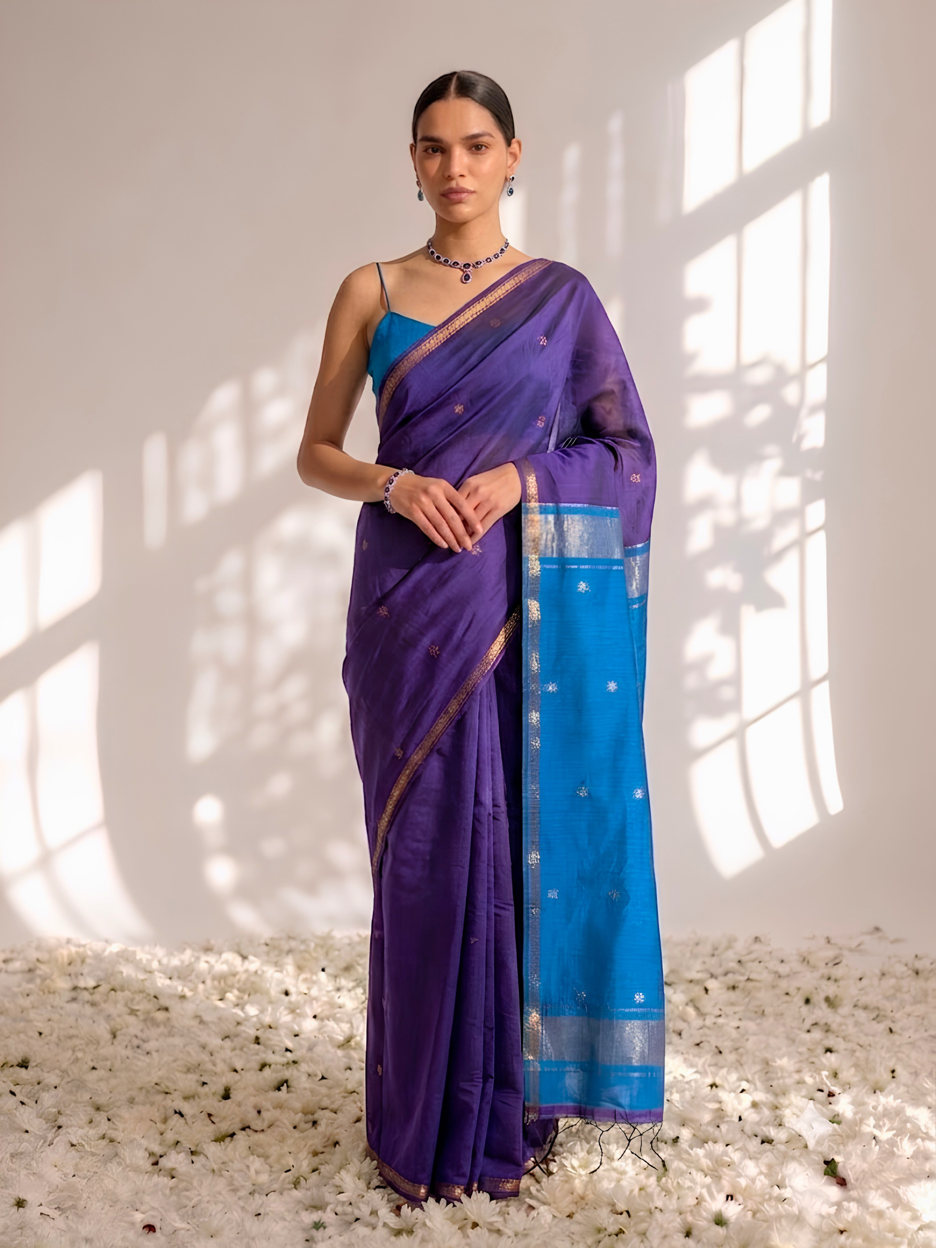 Purple and Blue Maheshwari Silk Cotton Saree with Self Blouse Fabric