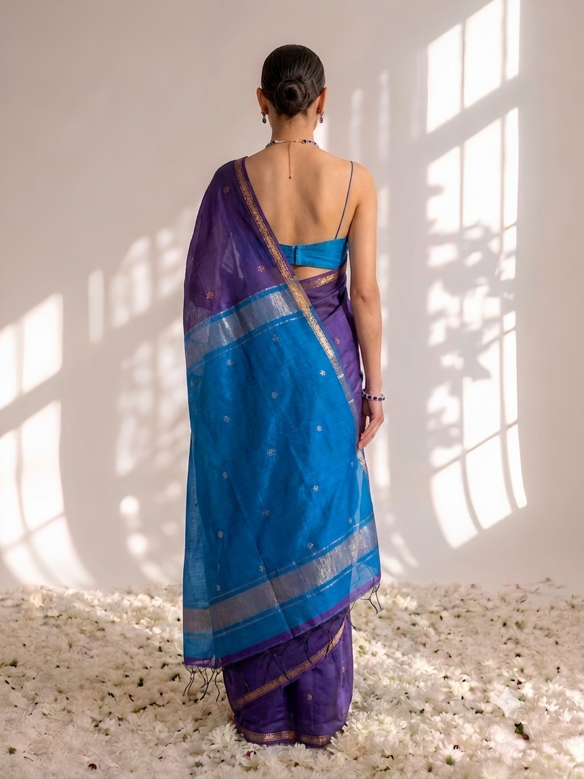 Purple and Blue Maheshwari Silk Cotton Saree with Self Blouse Fabric