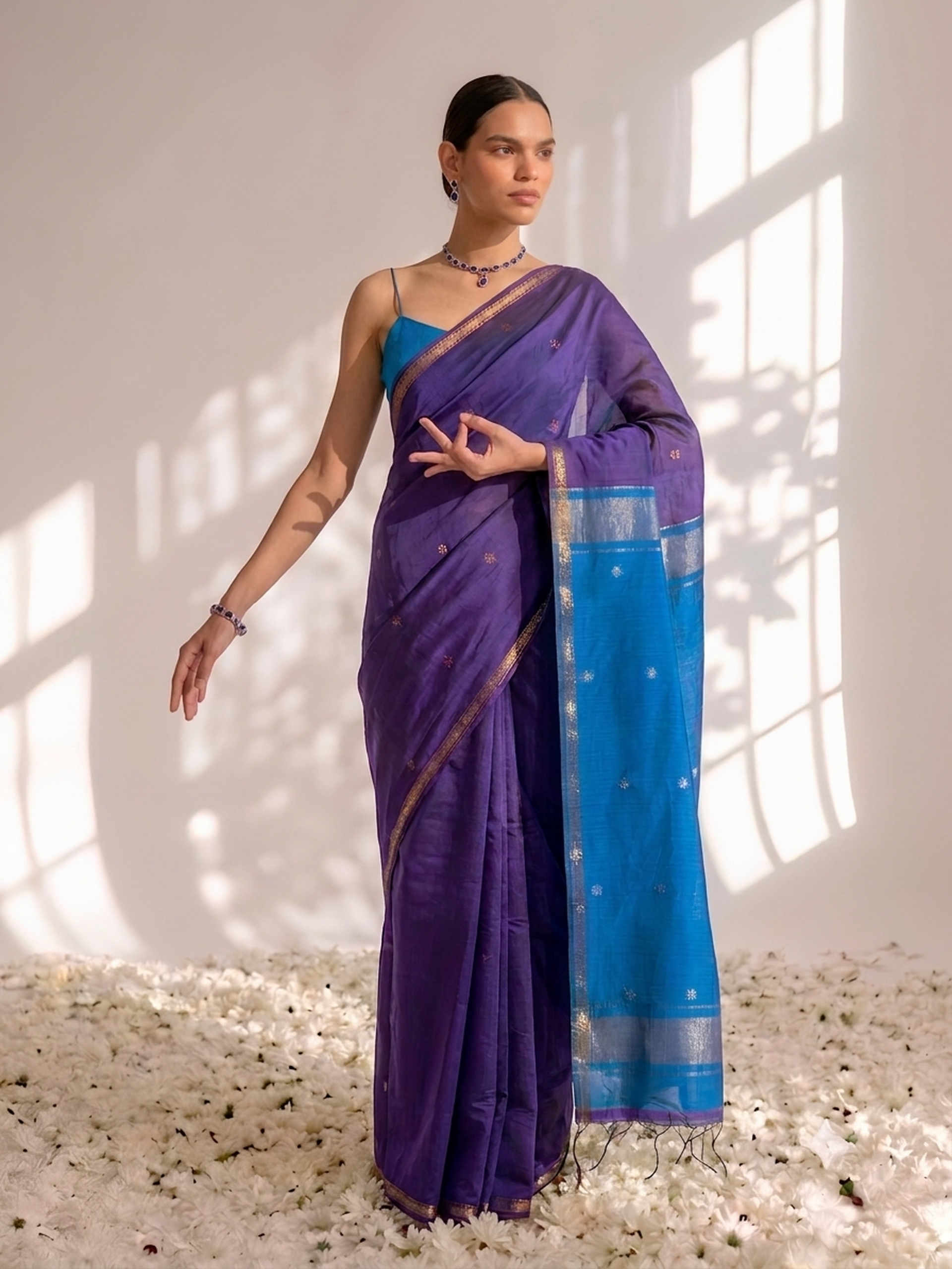 Purple and Blue Maheshwari Silk Cotton Saree with Self Blouse Fabric
