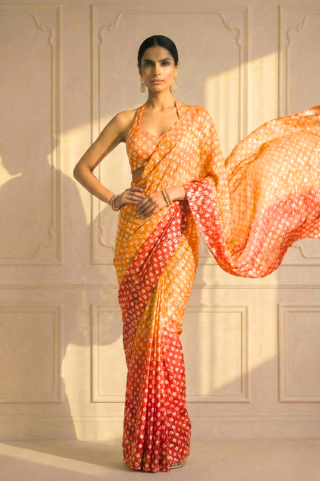 Sunset Orange and Yellow Ombre' Knitted Printed Sequin Saree with Blouse Fabric