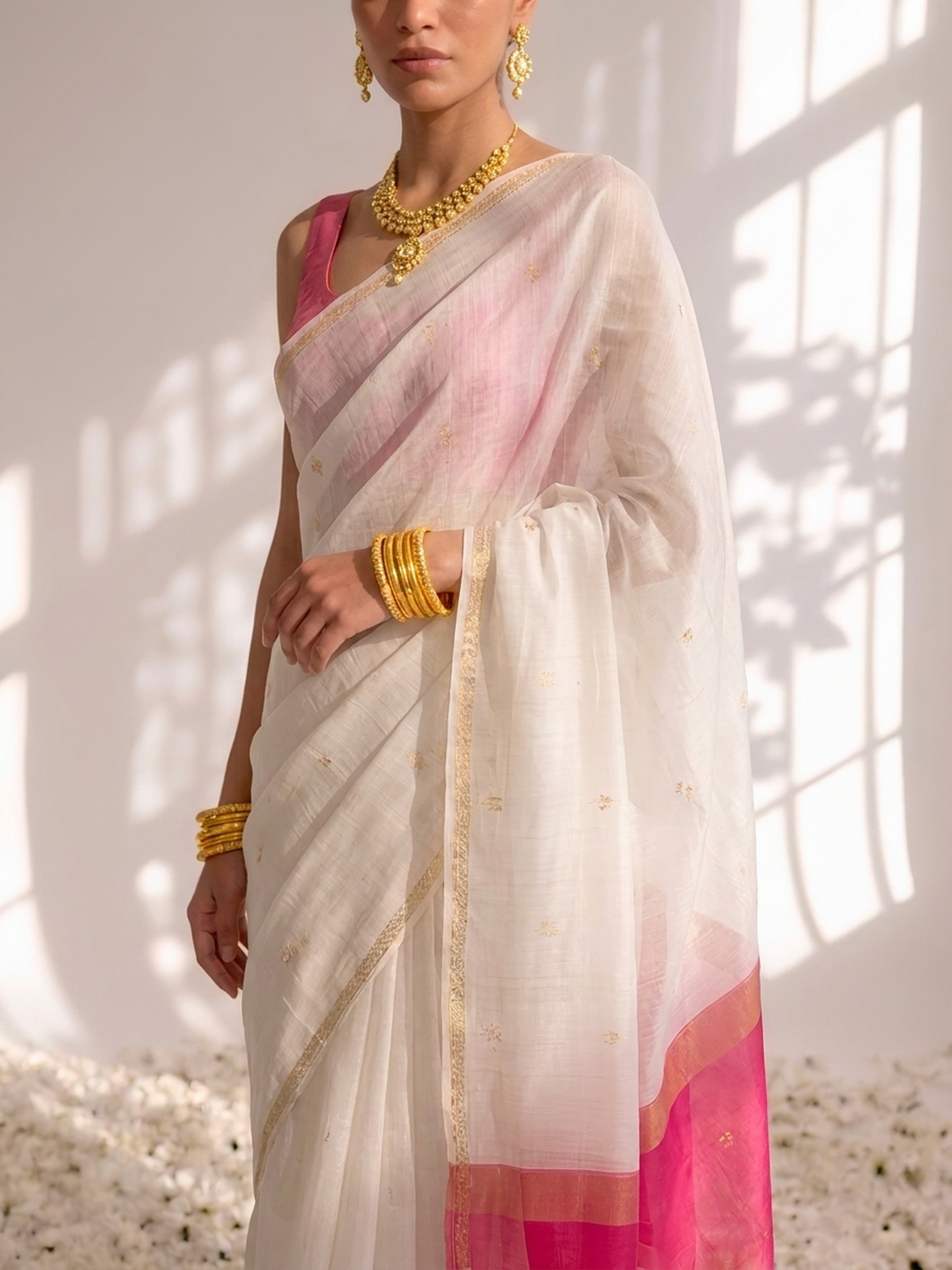 White and Pink Maheshwari Silk Cotton Saree with Self Blouse Fabric