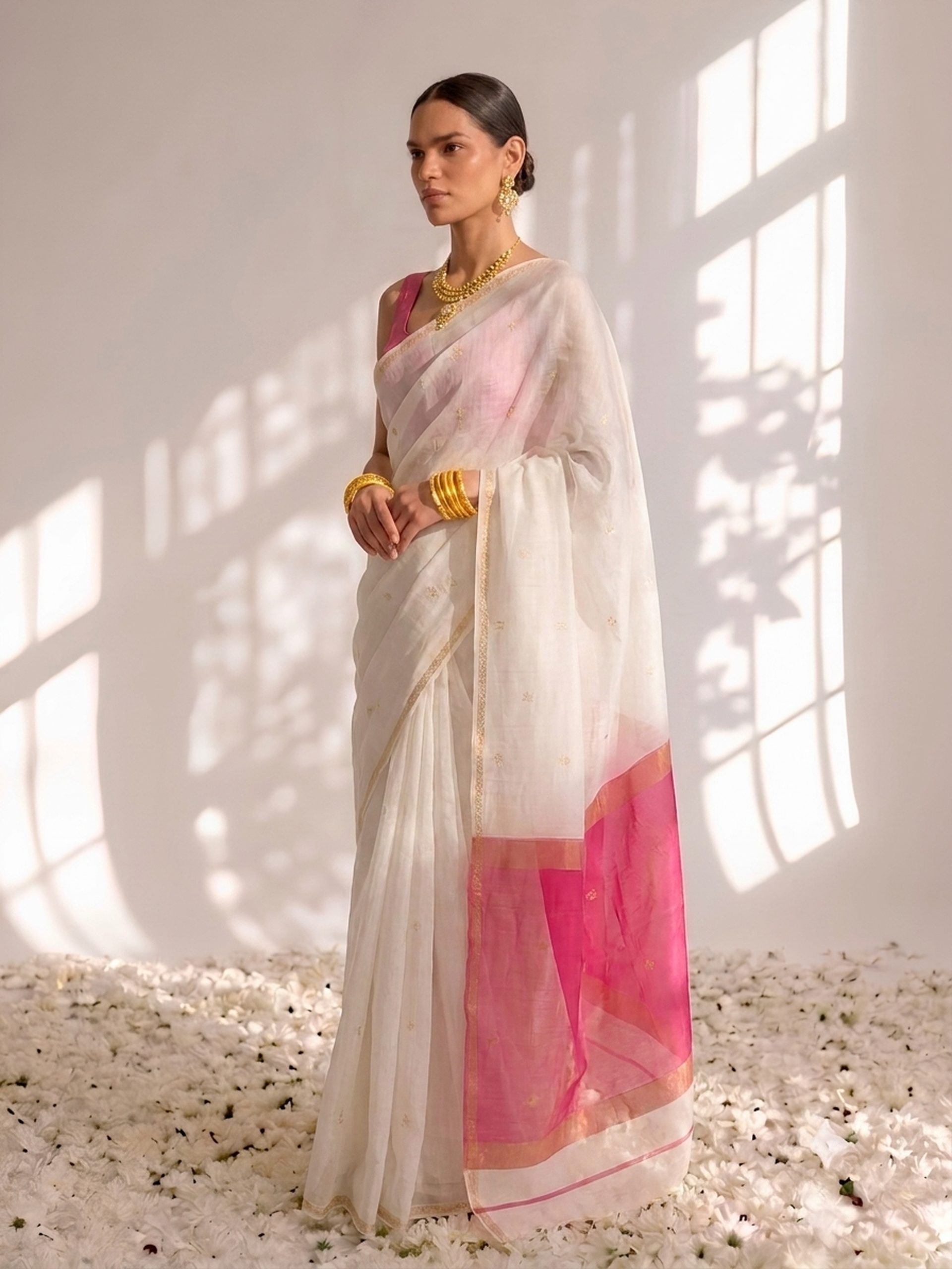 White and Pink Maheshwari Silk Cotton Saree with Self Blouse Fabric