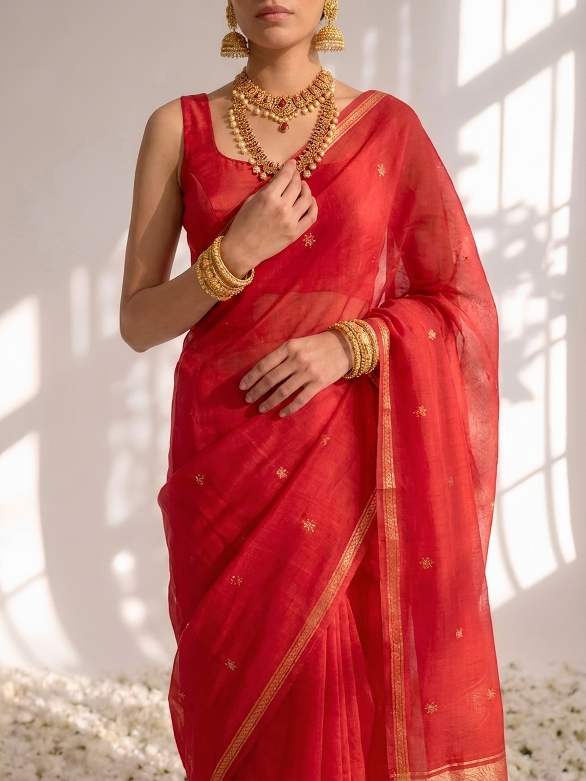 Red and Gold Maheshwari Silk Cotton Saree with Self Blouse Fabric