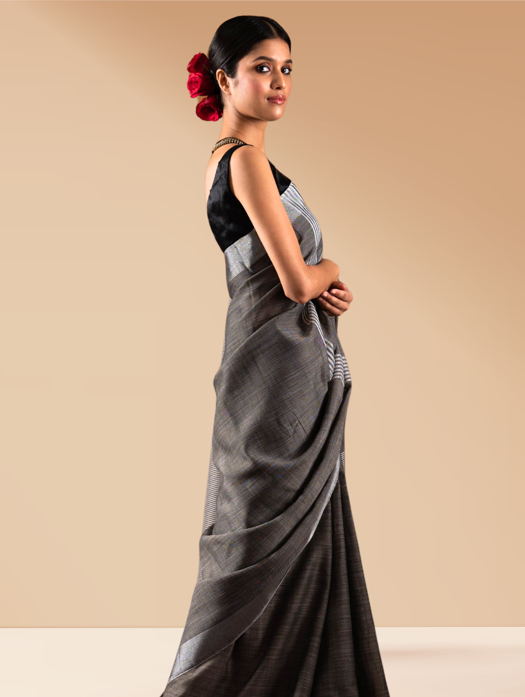 Charcoal Khadi Linen Blend Saree with Blouse Fabric