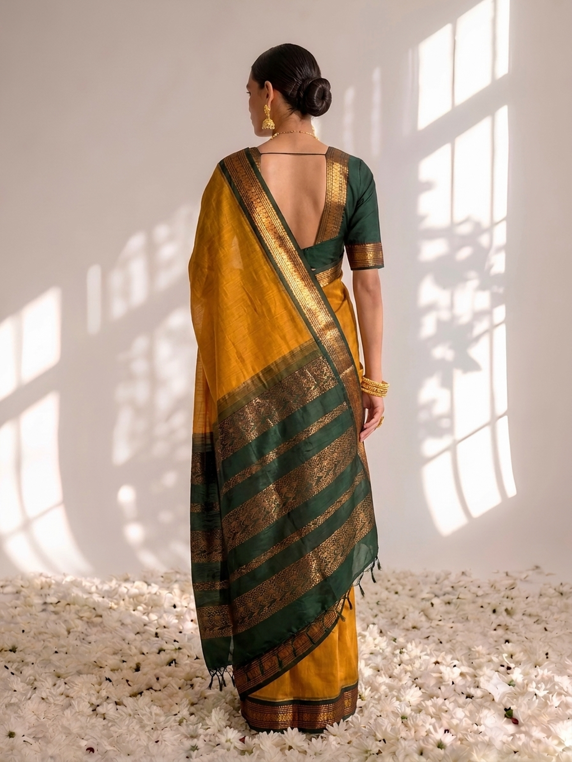 Yellow and Green Cotton Kadwal Saree with Blouse Fabric
