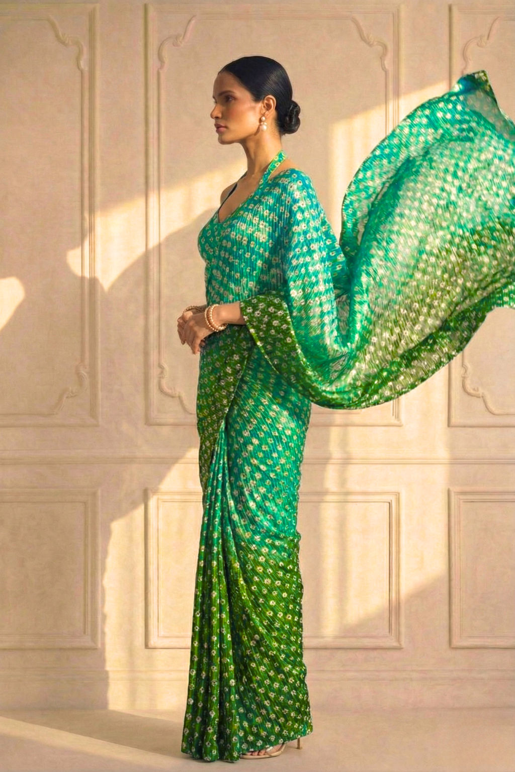 Sunrise Blue Green Ombre' Knitted Printed Sequin Saree with Blouse Fabric