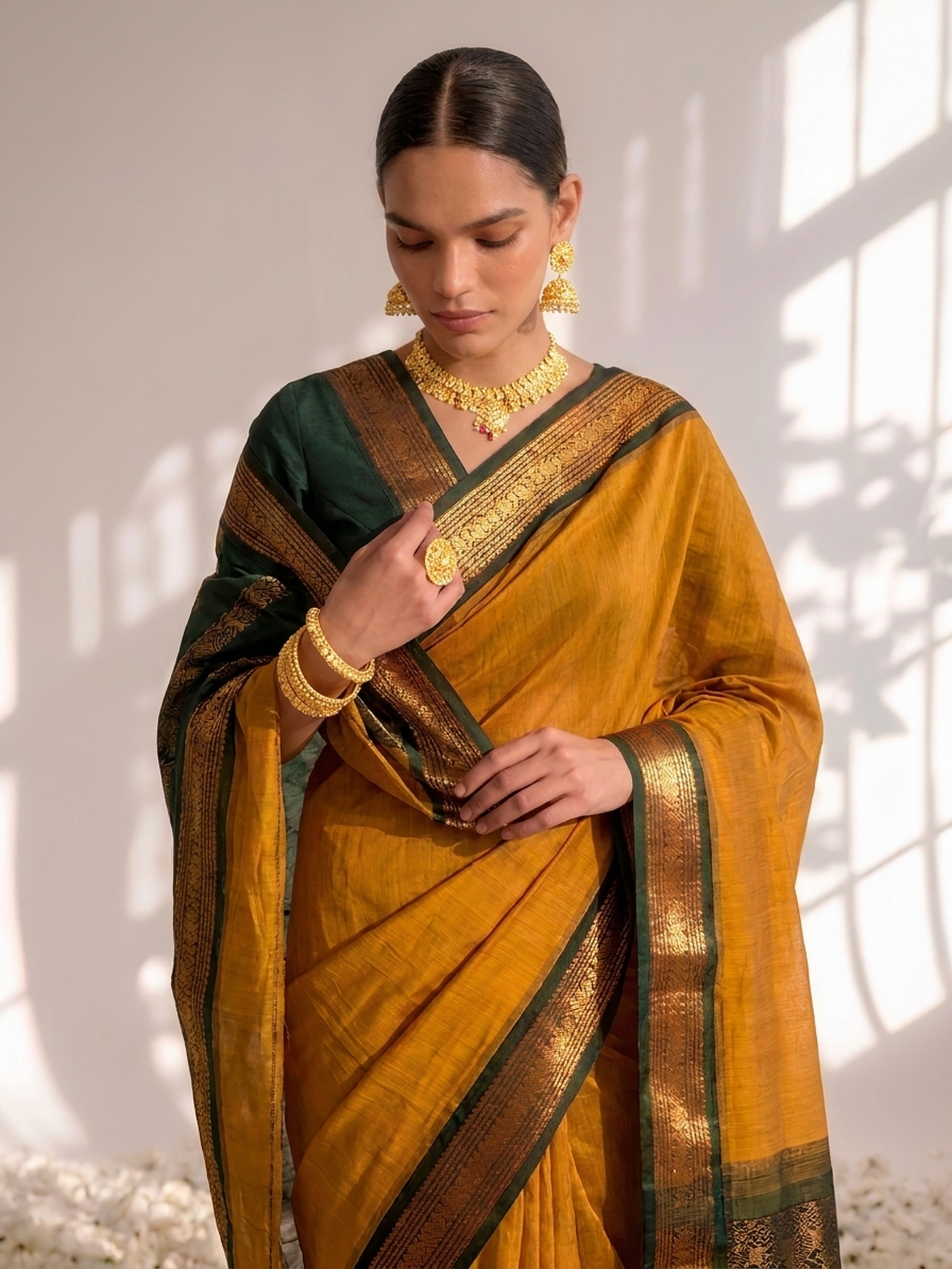 Yellow and Green Cotton Kadwal Saree with Blouse Fabric