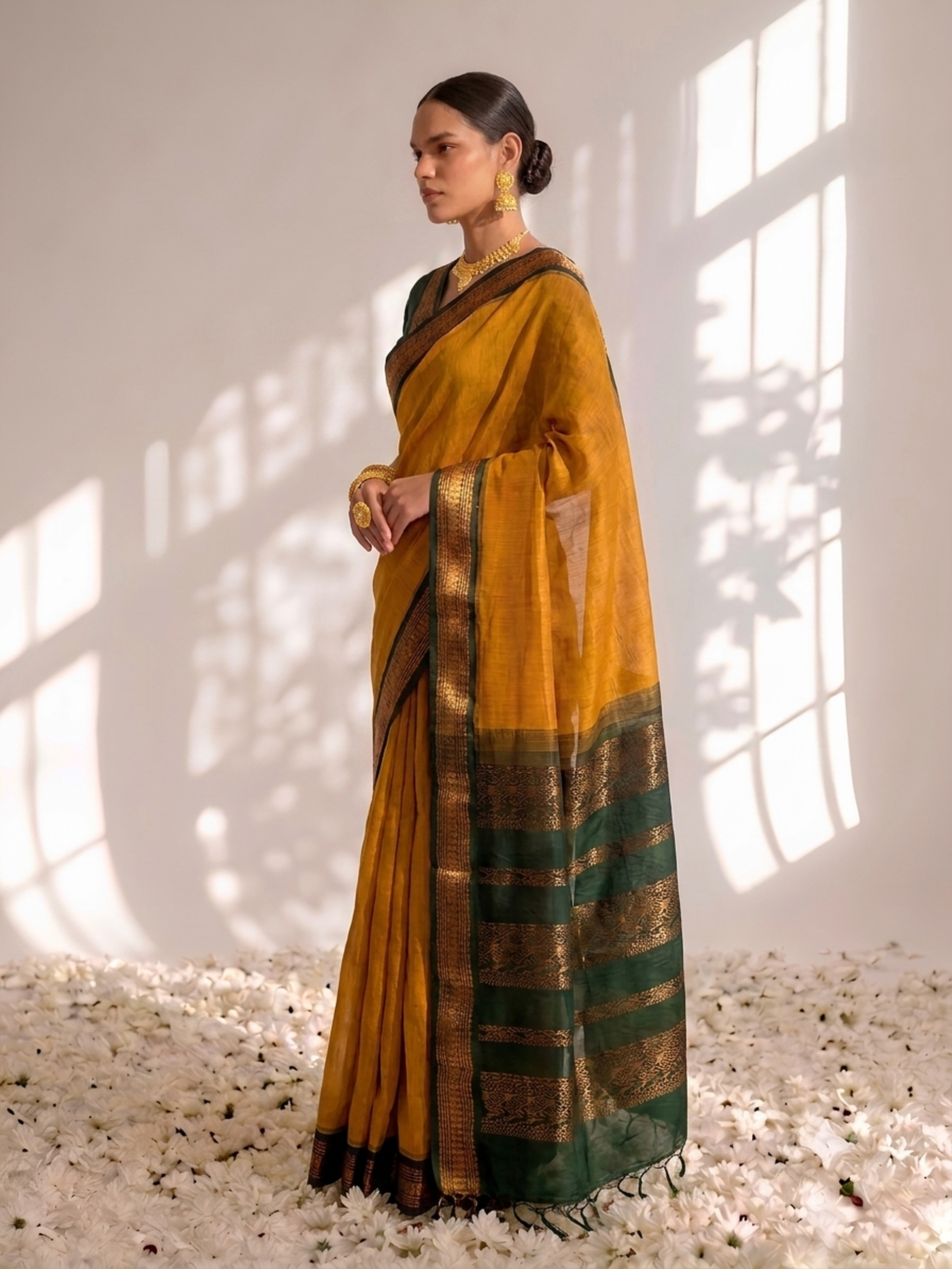 Yellow and Green Cotton Kadwal Saree with Blouse Fabric