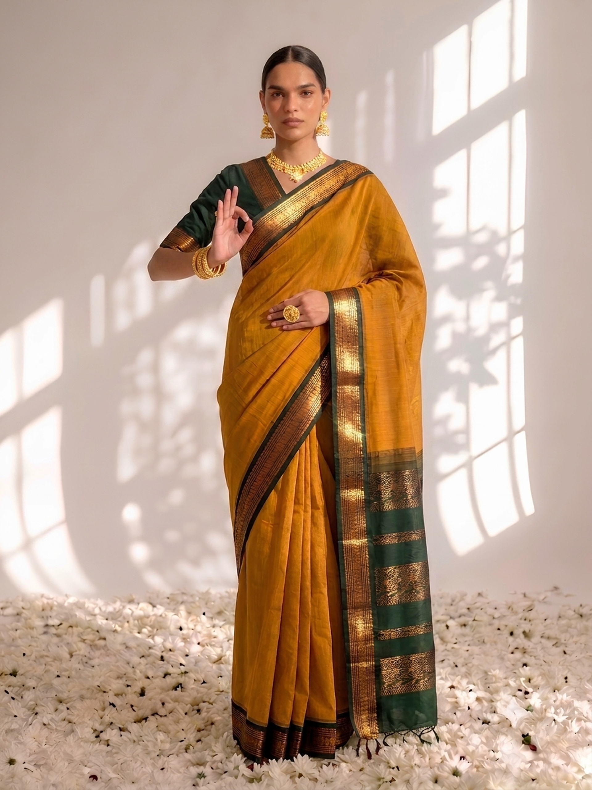 Yellow and Green Cotton Kadwal Saree with Blouse Fabric