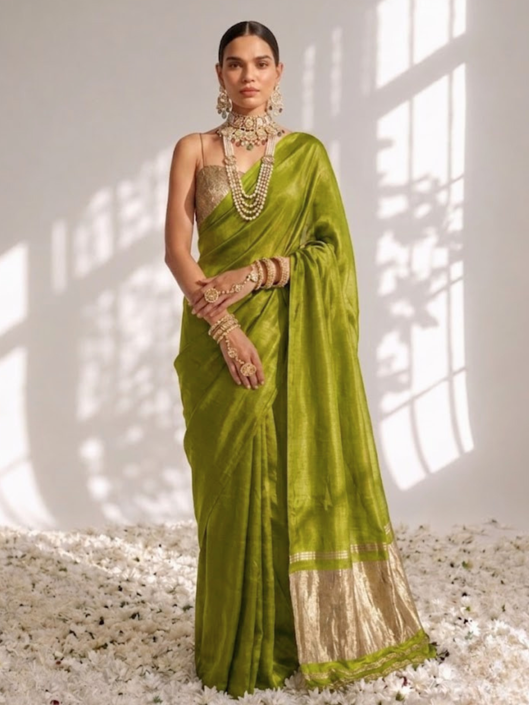 Lime Green Modal Gajji Saree with Zari Pallu and Self Blouse Fabric