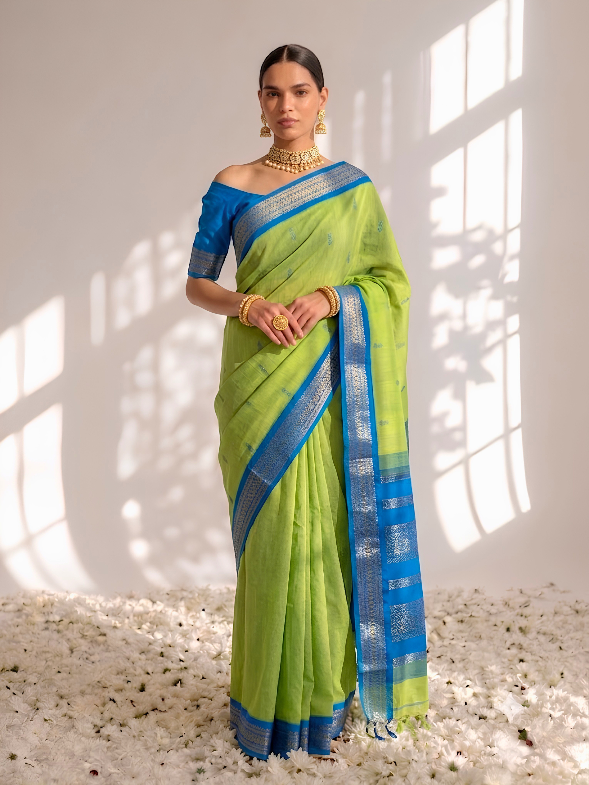Highlighter and Blue Cotton Kadwal Saree with Blouse Fabric