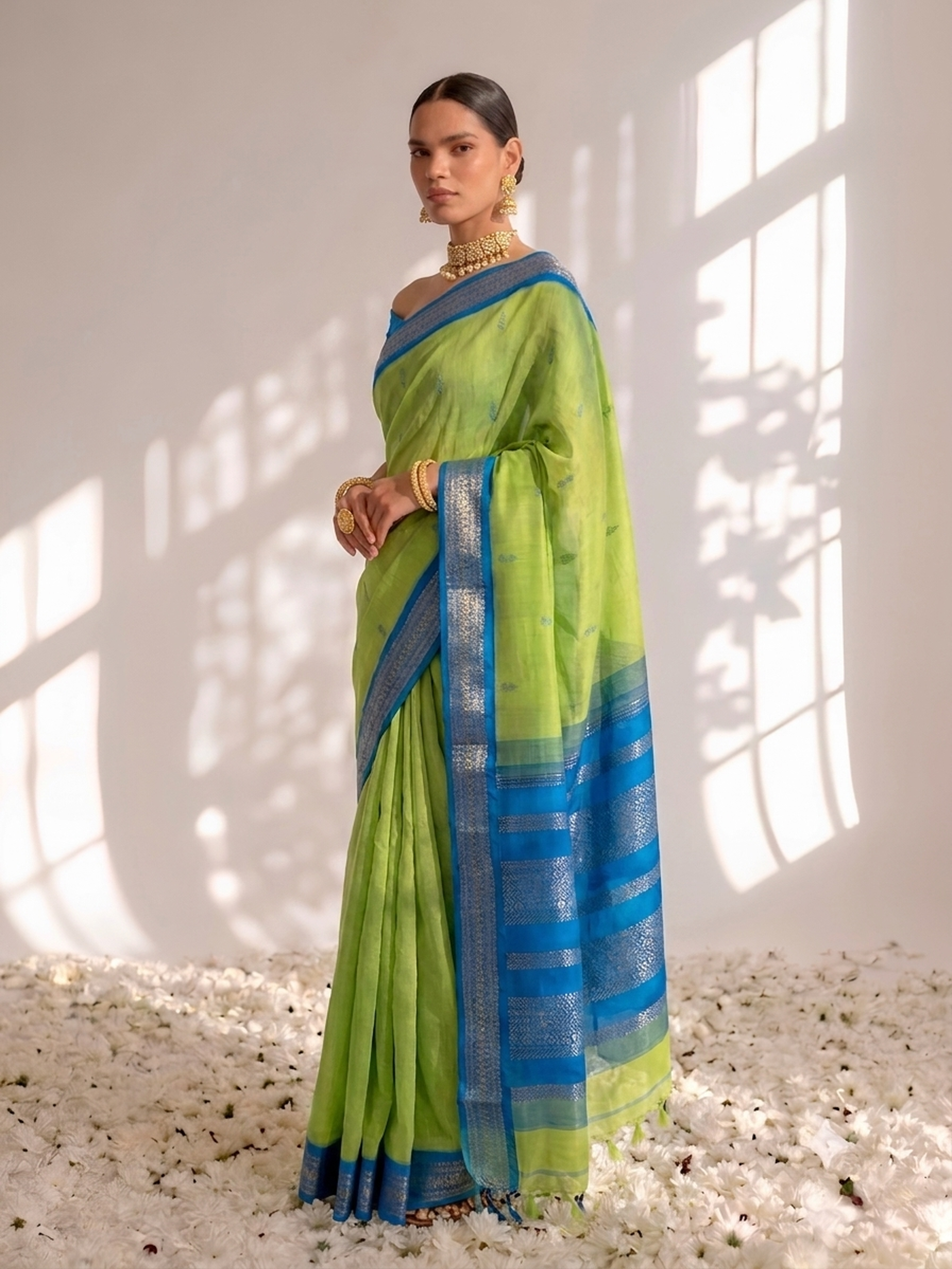 Highlighter and Blue Cotton Kadwal Saree with Blouse Fabric