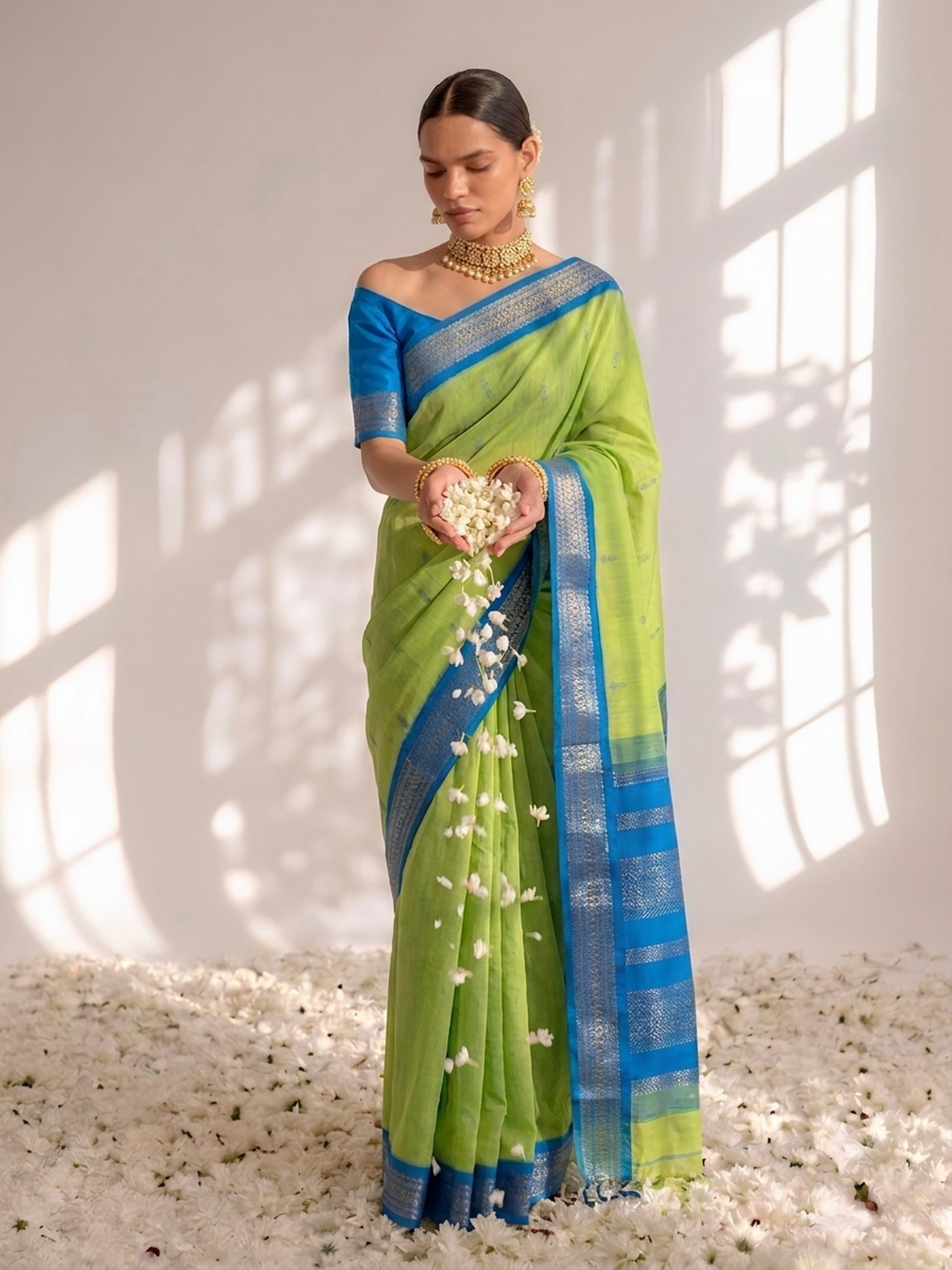 Highlighter and Blue Cotton Kadwal Saree with Blouse Fabric
