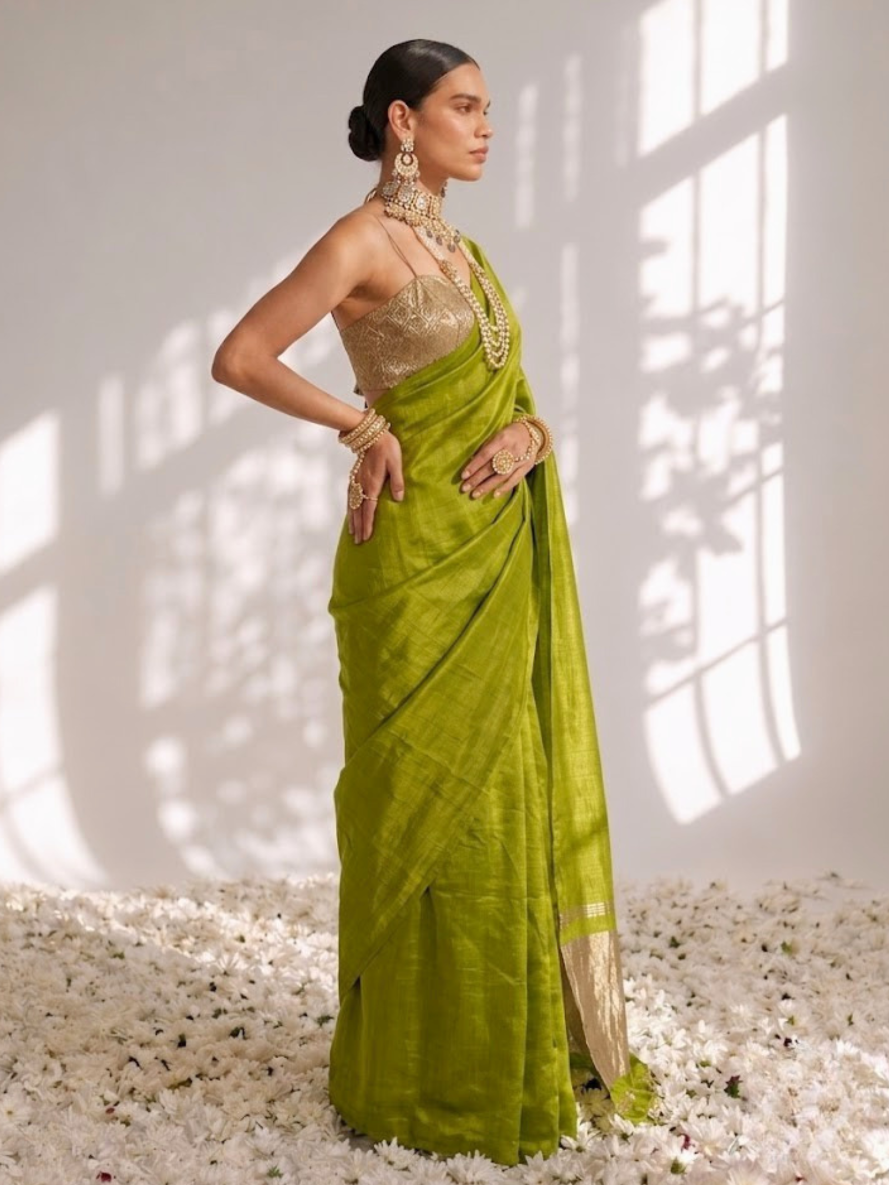 Lime Green Modal Gajji Saree with Zari Pallu and Self Blouse Fabric