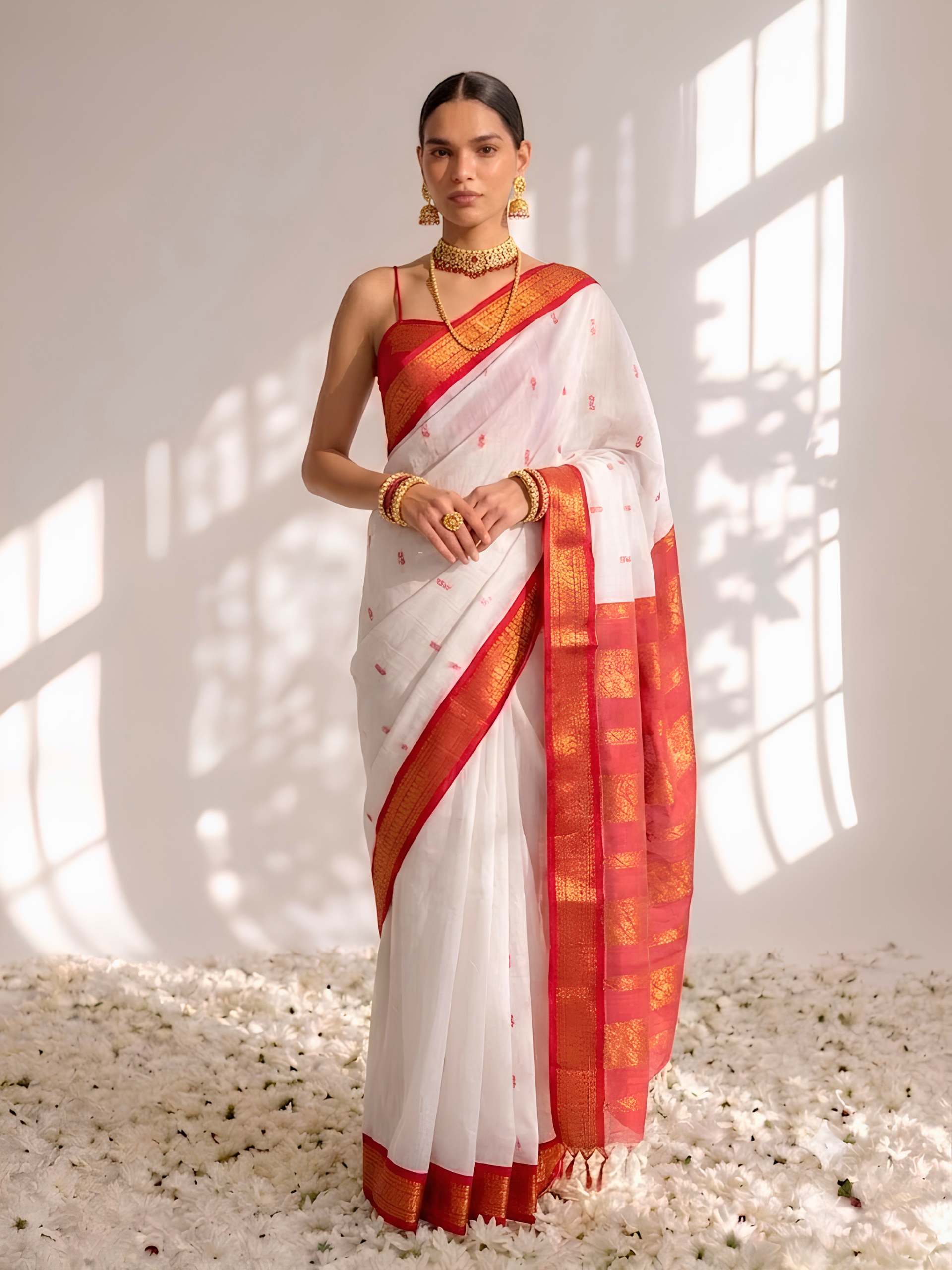 White and Red Cotton Kadwal Saree with Blouse Fabric