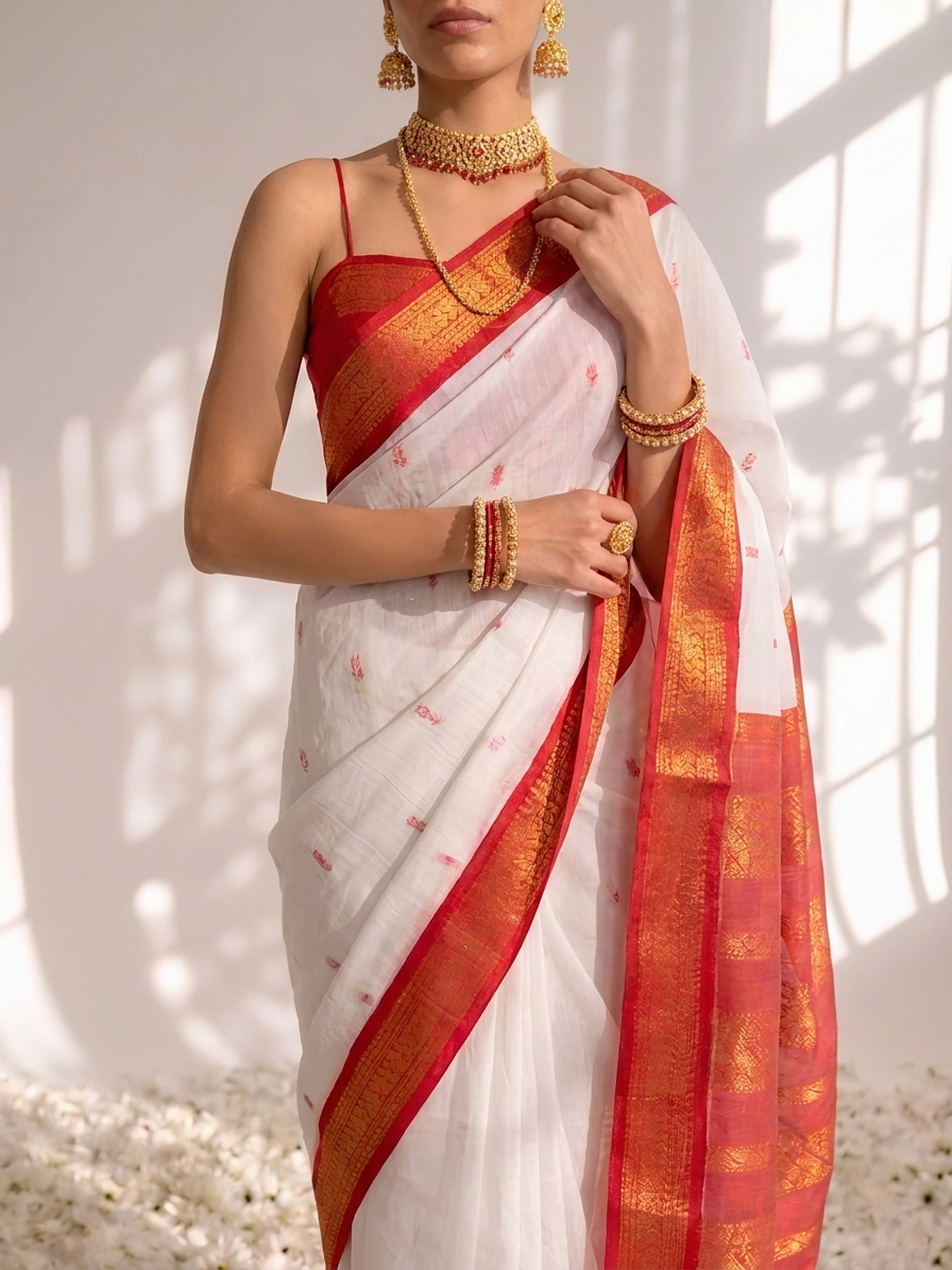White and Red Cotton Kadwal Saree with Blouse Fabric