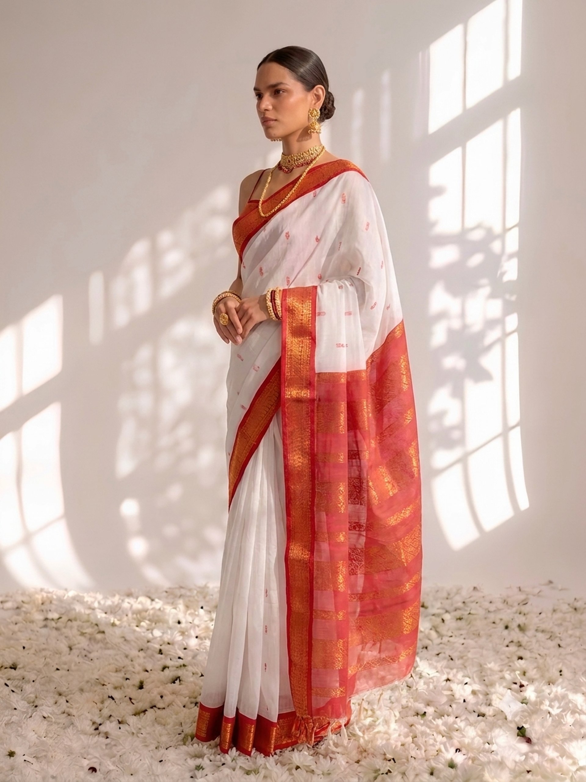 White and Red Cotton Kadwal Saree with Blouse Fabric