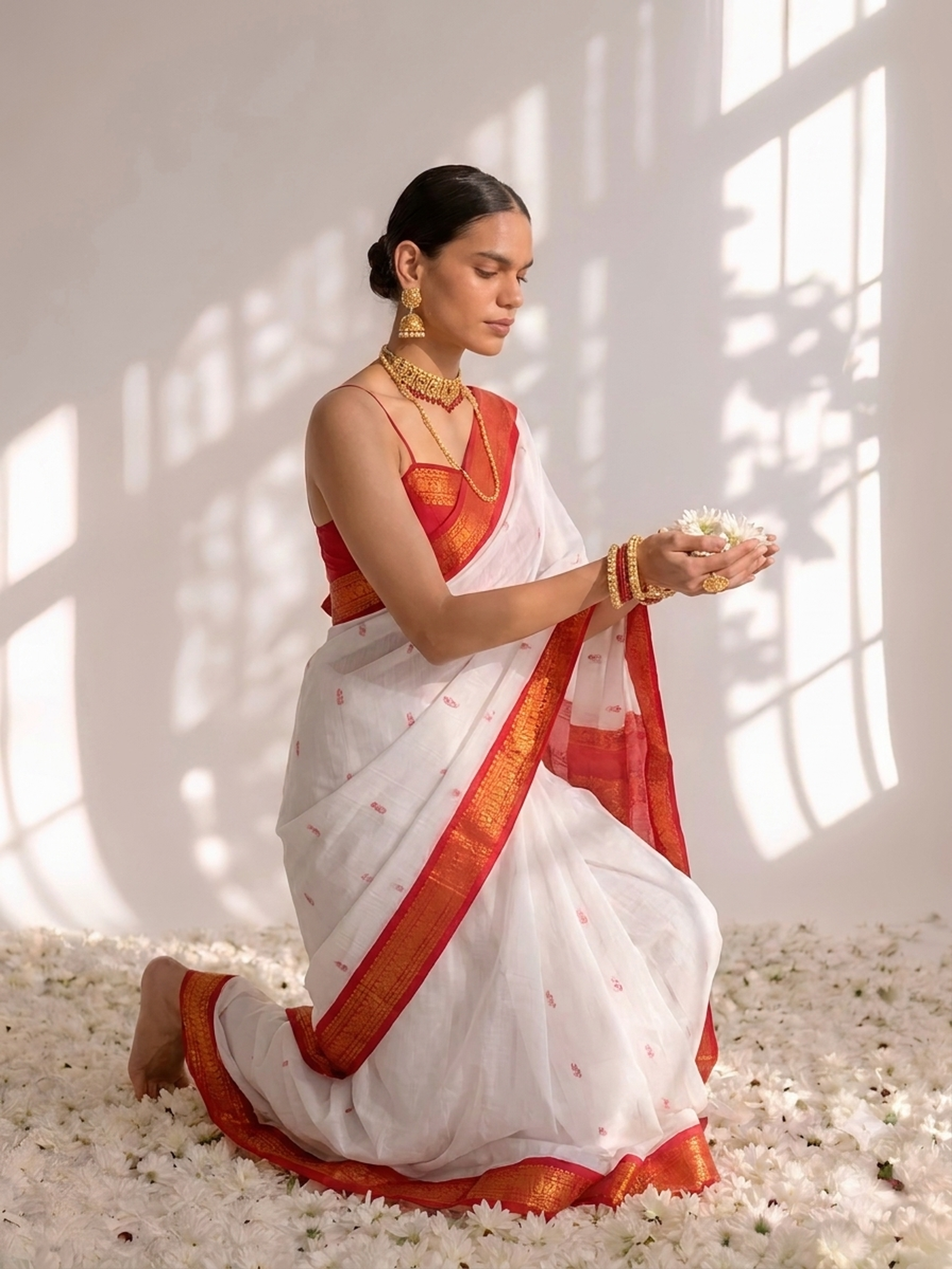 White and Red Cotton Kadwal Saree with Blouse Fabric