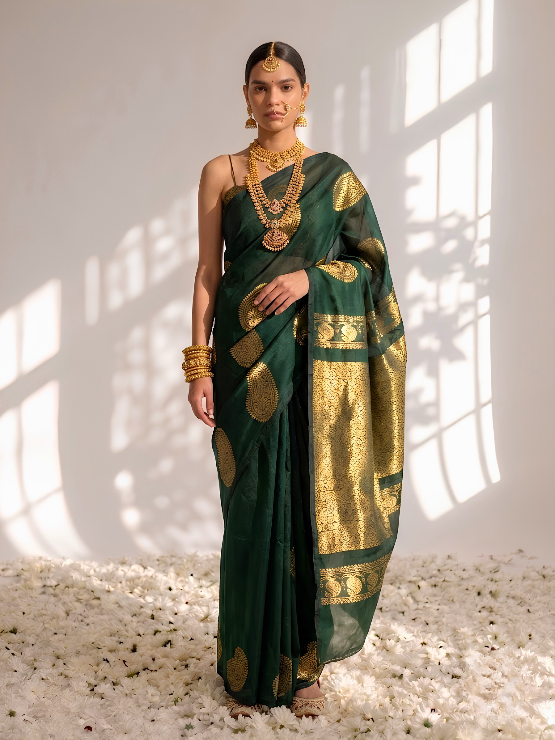 Green and Gold Borderless Cotton Silk Saree with Gold Blouse Fabric