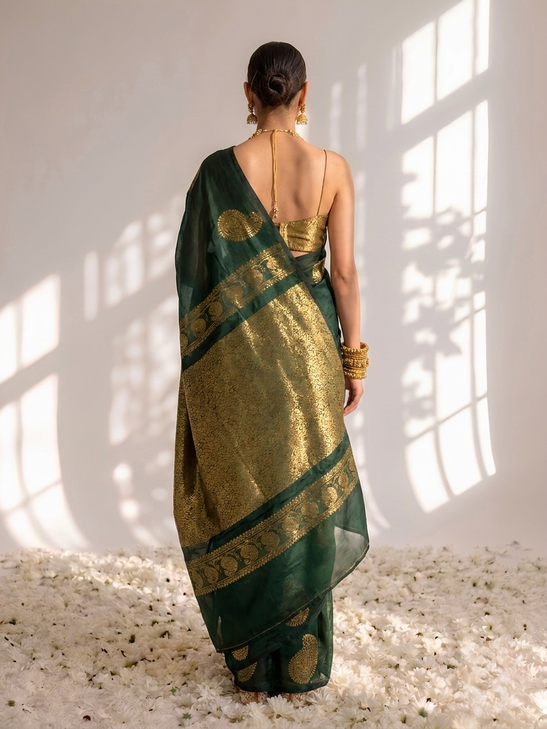 Green and Gold Borderless Cotton Silk Saree with Gold Blouse Fabric
