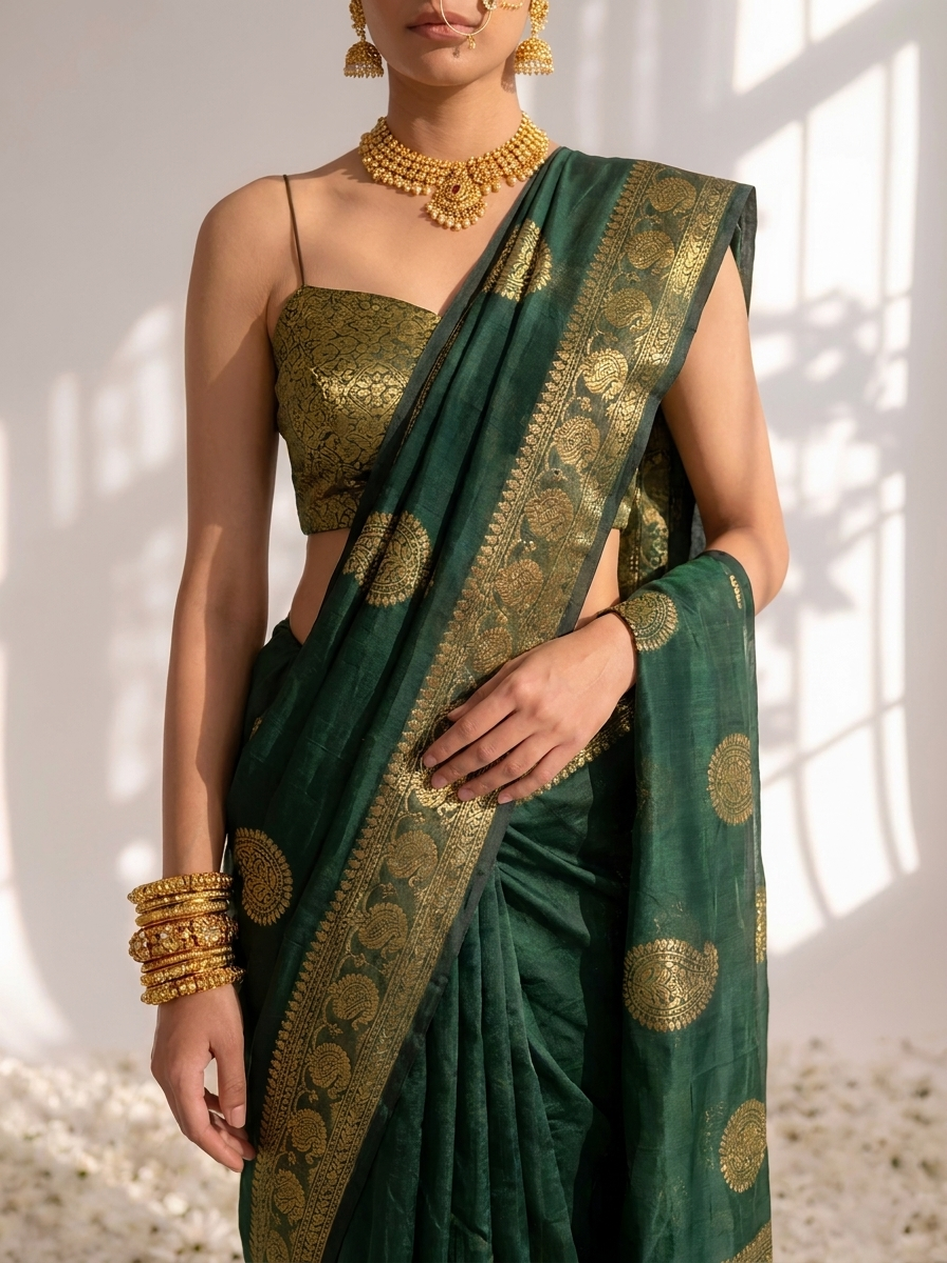 Green and Gold Borderless Cotton Silk Saree with Gold Blouse Fabric