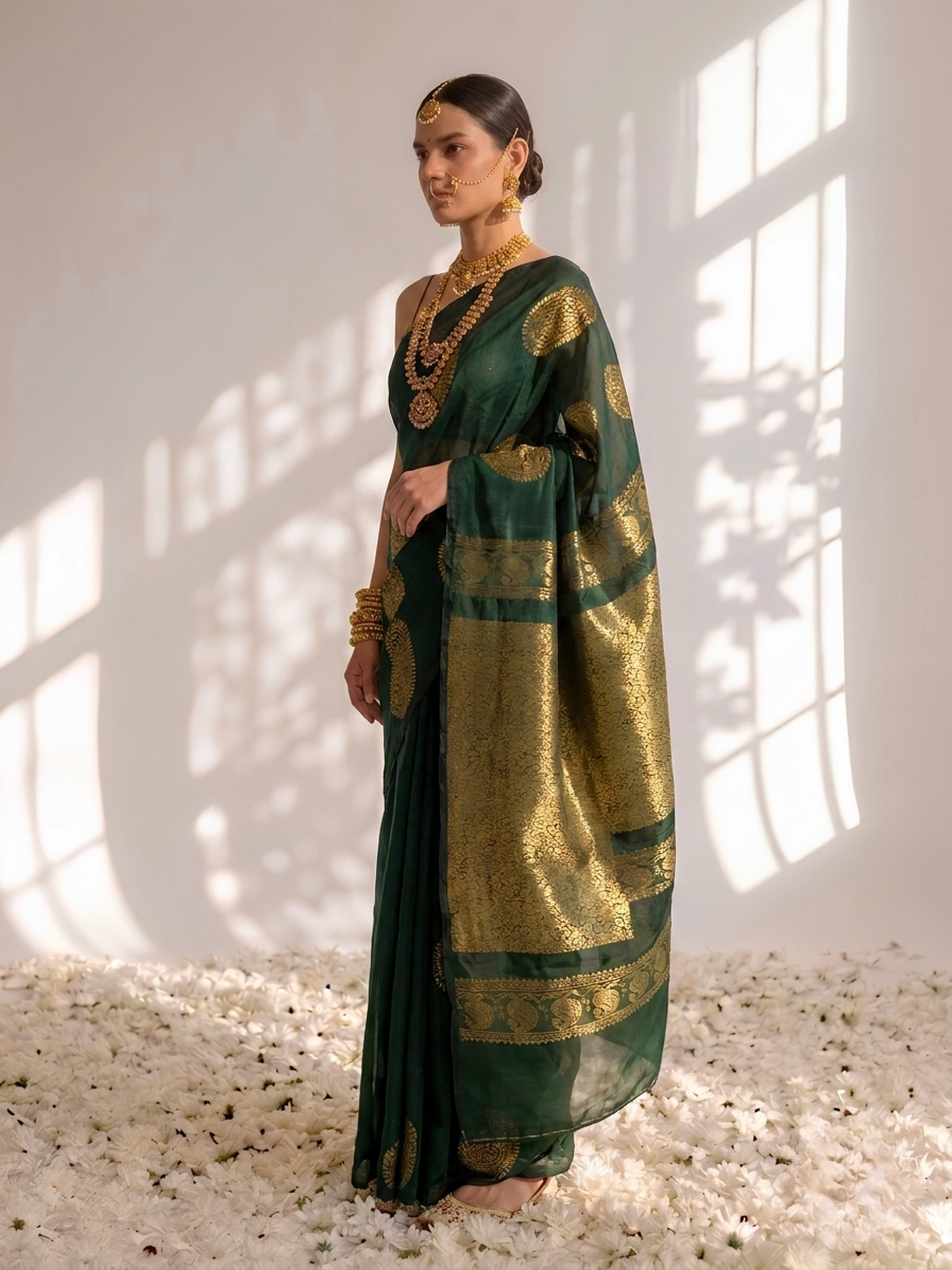 Green and Gold Borderless Cotton Silk Saree with Gold Blouse Fabric