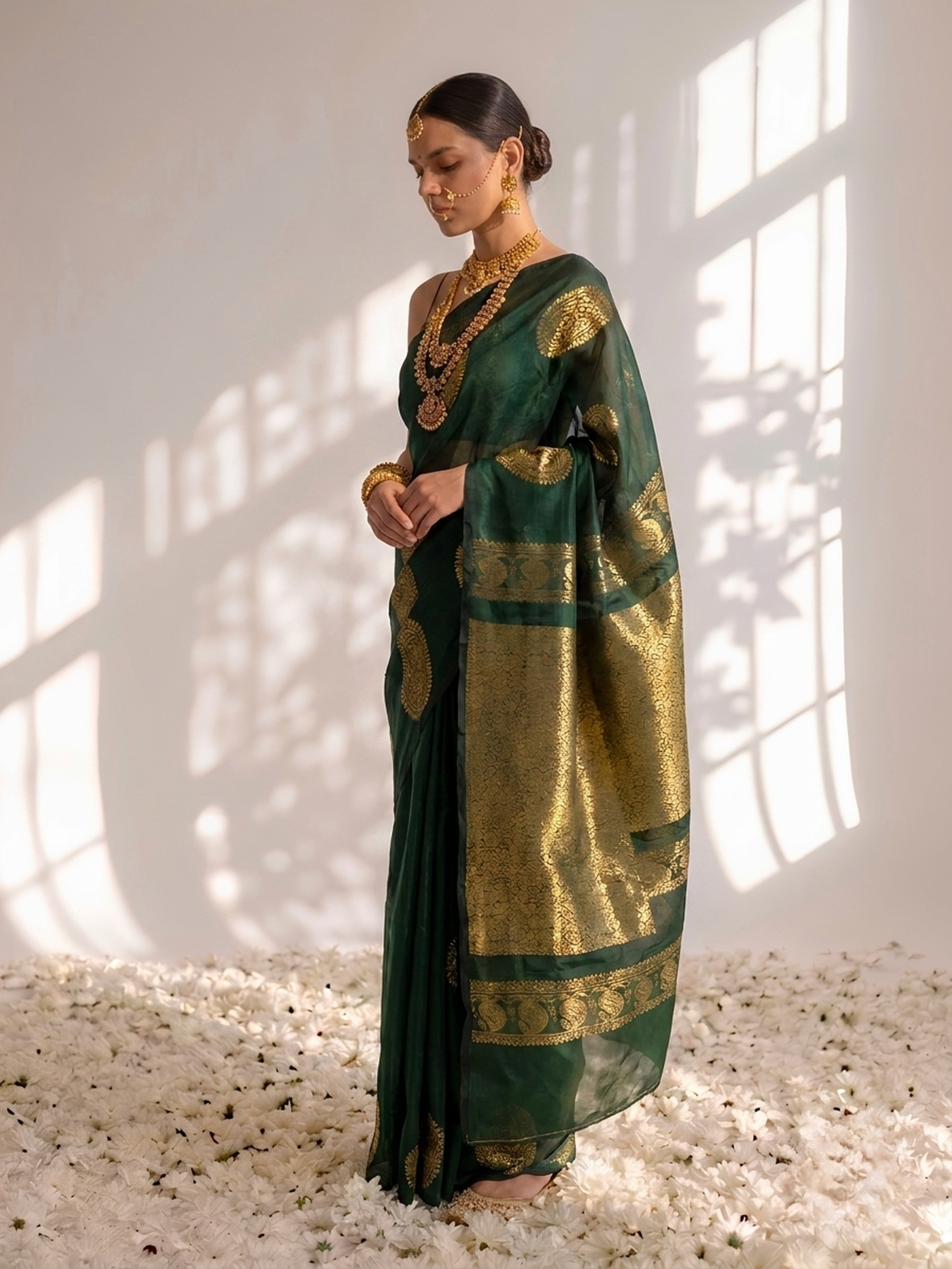 Green and Gold Borderless Cotton Silk Saree with Gold Blouse Fabric