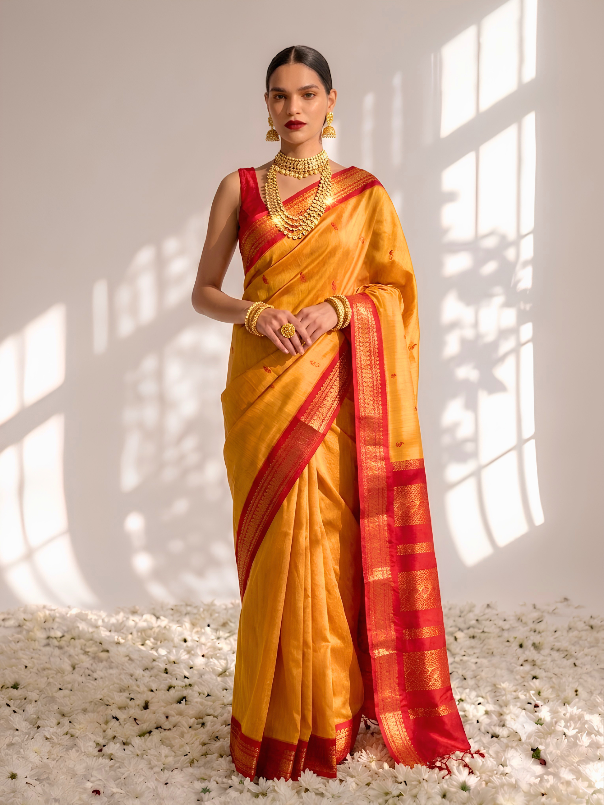 Yellow and Red Cotton Kadwal Saree with Blouse Fabric