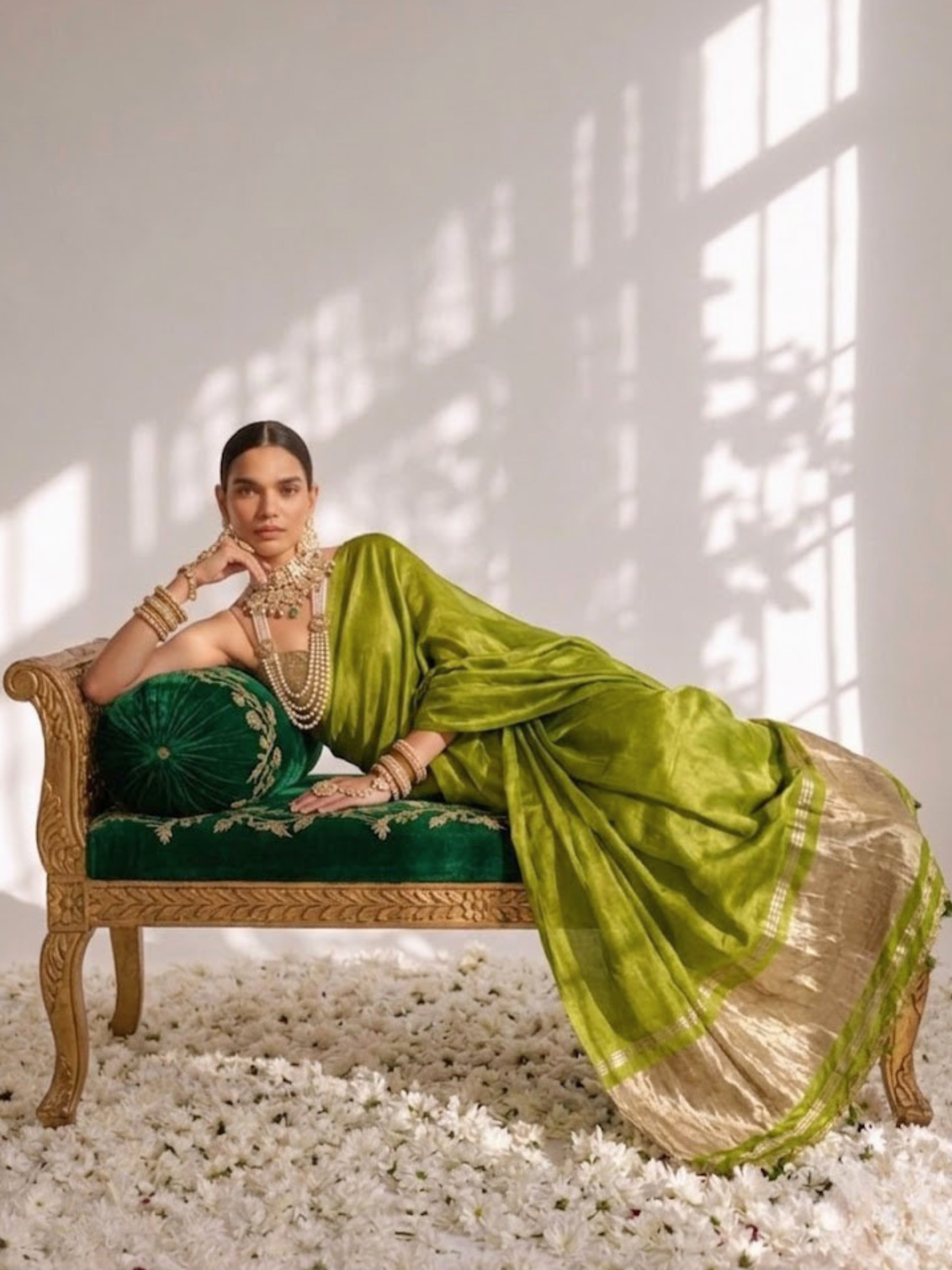 Lime Green Modal Gajji Saree with Zari Pallu and Self Blouse Fabric