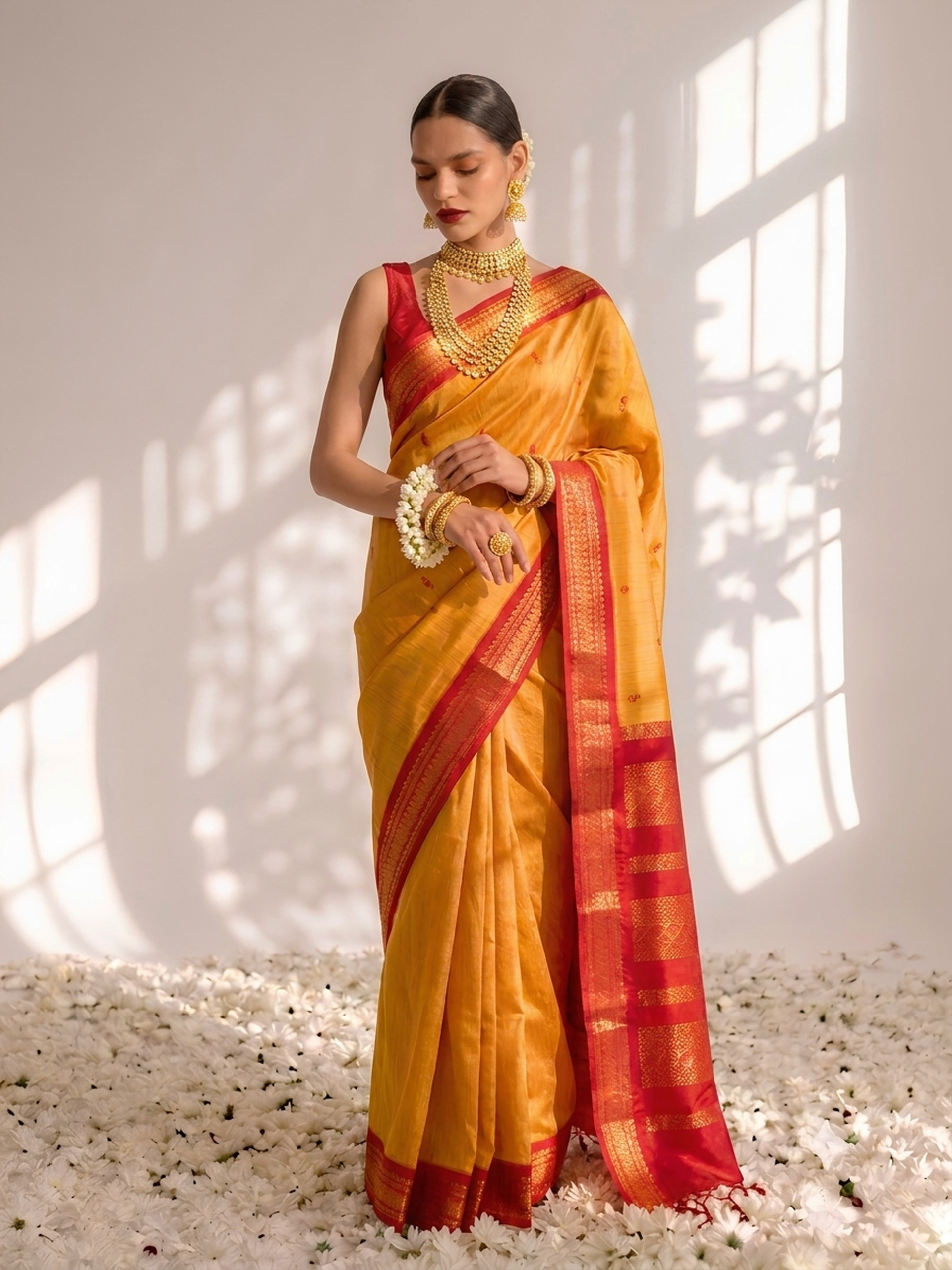 Yellow and Red Cotton Kadwal Saree with Blouse Fabric