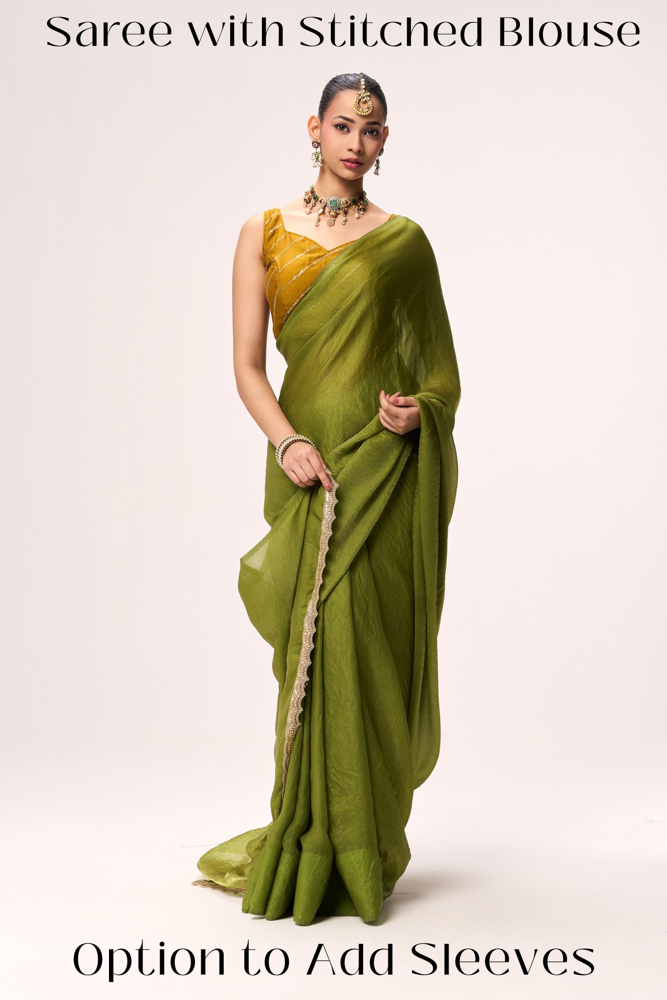 High on Henna Metallic Satin Saree with Yellow Sequin Readymade Blouse