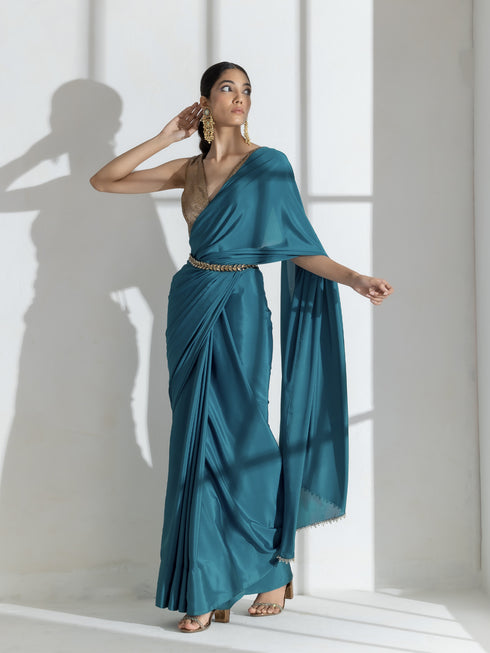 Blue Beauty Crepe Saree with Diamond lace and Self Blouse fabric