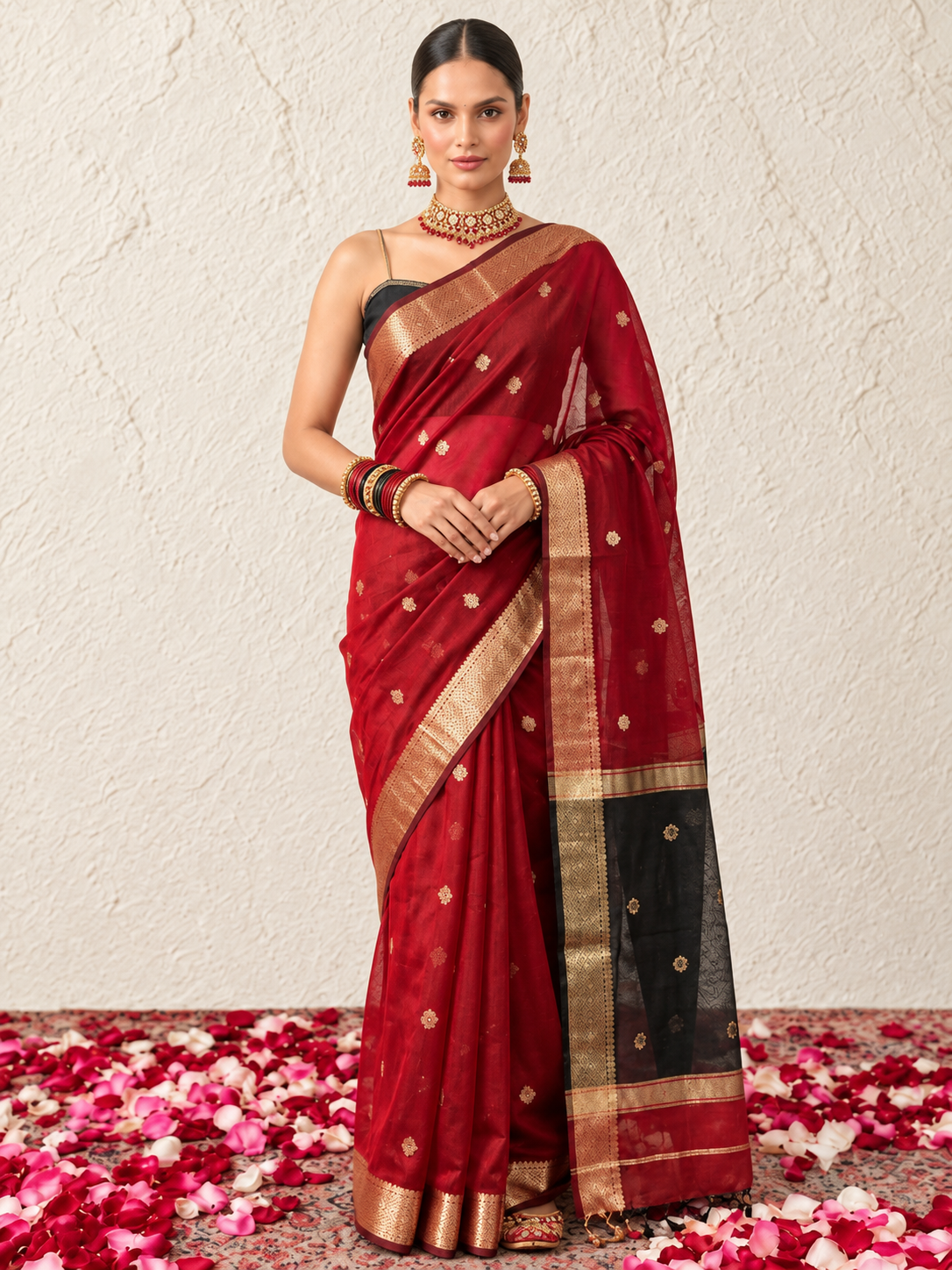 Red and Black Chanderi Cotton Silk Saree with Matching Black Blouse Fabric