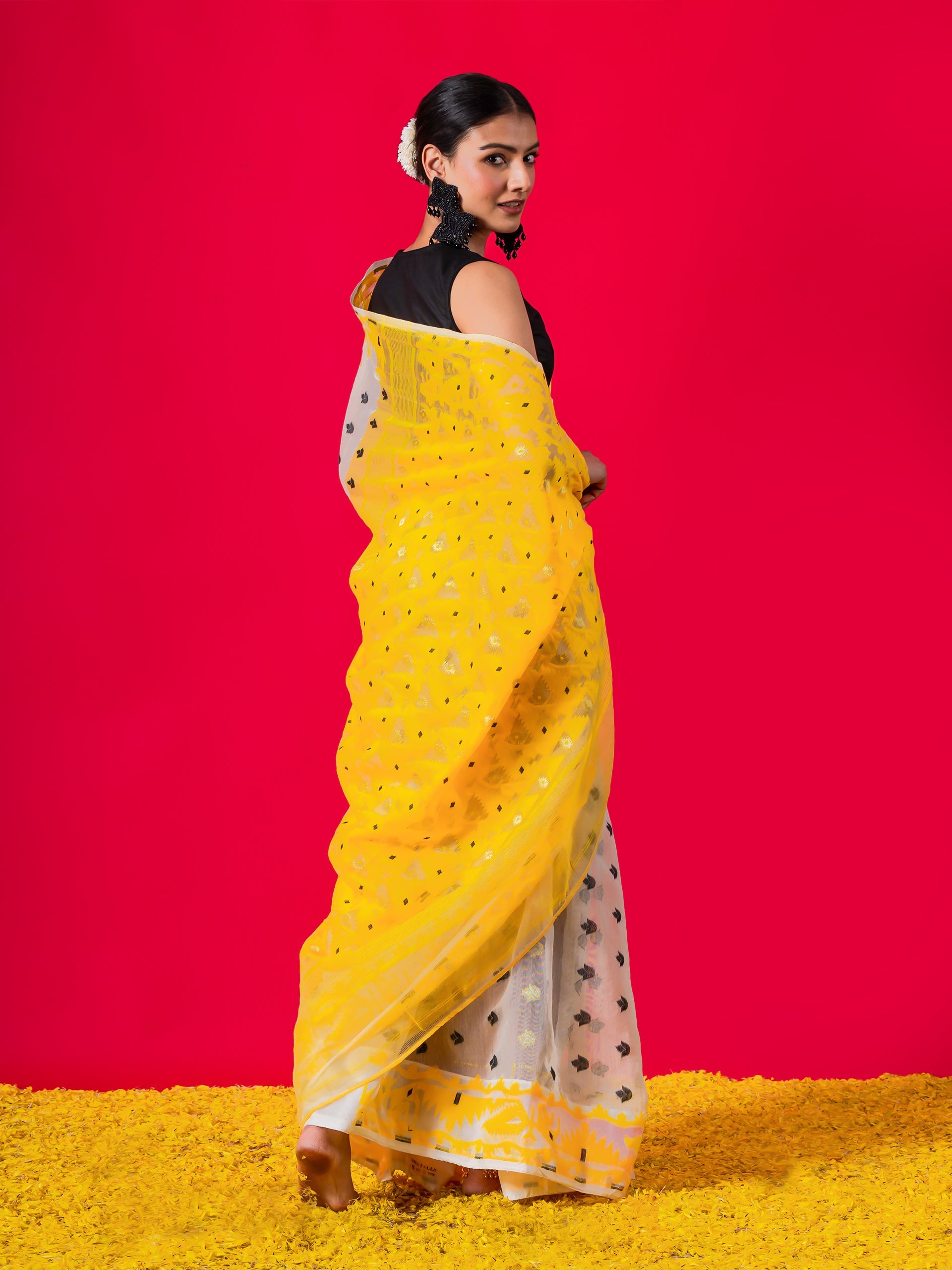Nayantara Yellow and Black Jamdani Cotton Saree