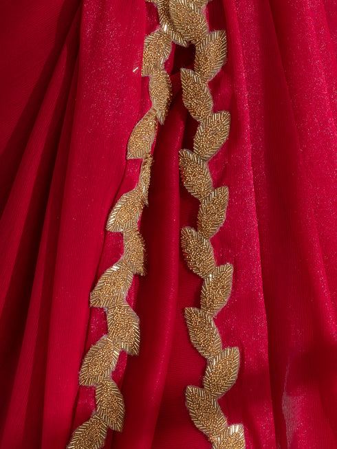 Vermilion Red Shimmer Chiffon Saree with Leaf Beaded Lace and Self Blouse Fabric
