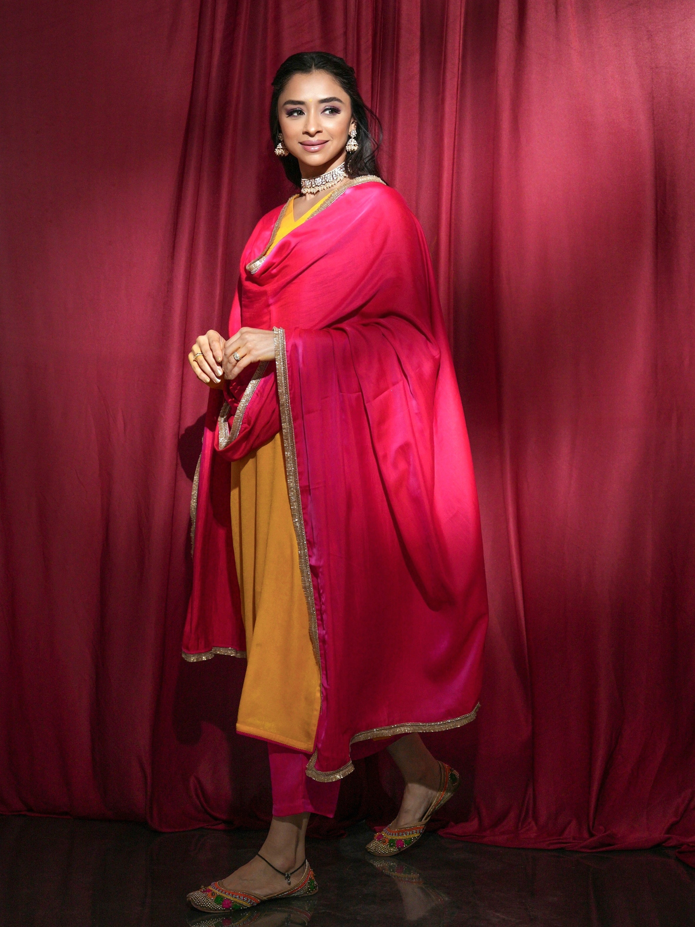 Women's Sunflower Yellow Posh Kurta with Dual Colour Satin Pant and Lace Dupatta 3 Piece Set | A-Line, V Neck, Full Sleeves, Pants, Festive Wear, (Satin)