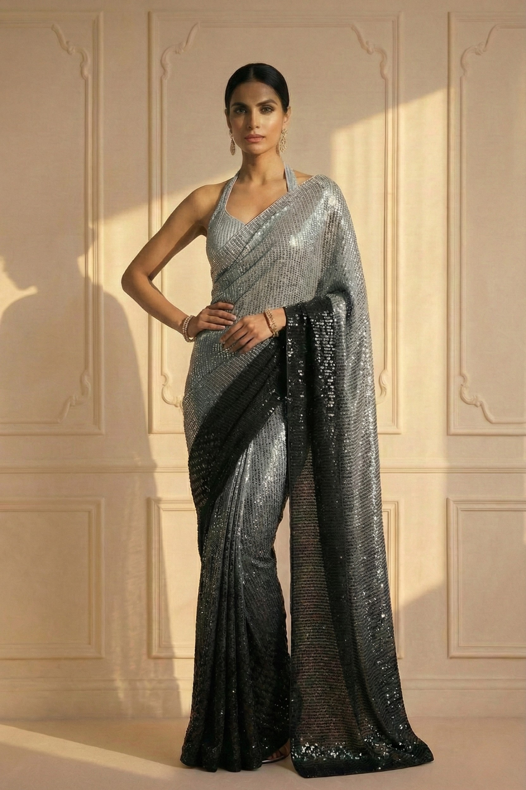 Black and Grey Ombre' Knitted Sequin Saree with Blouse Fabric