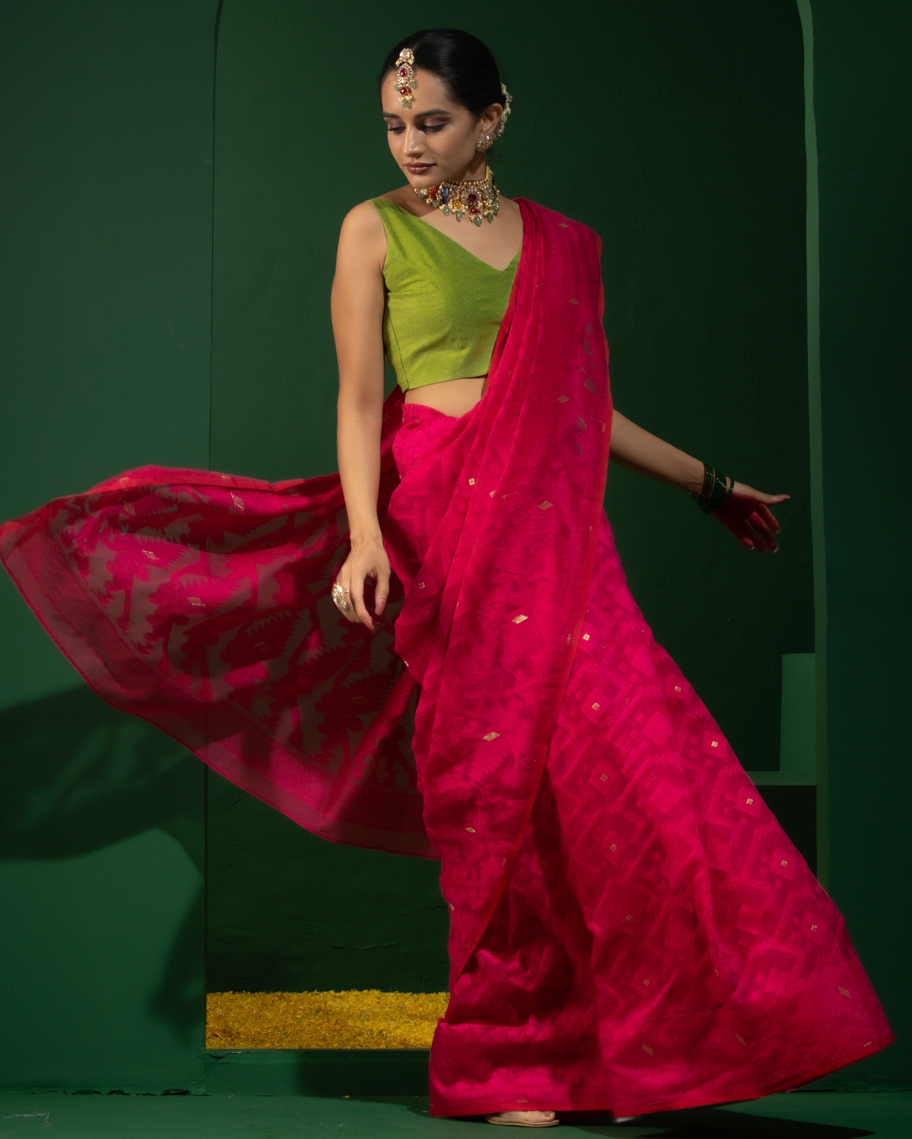 Authentic Aishwarya Pink Jamdani Cotton Saree