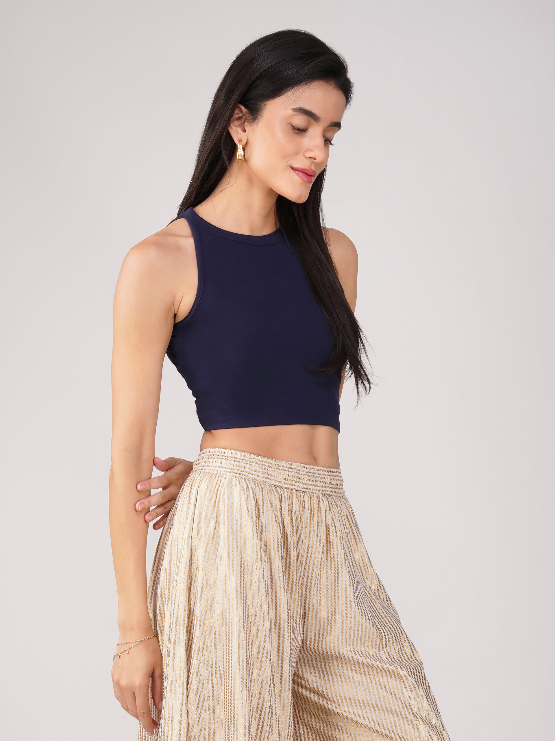 Women's Stretchy Knitted Halter Neck Blue Crop Top