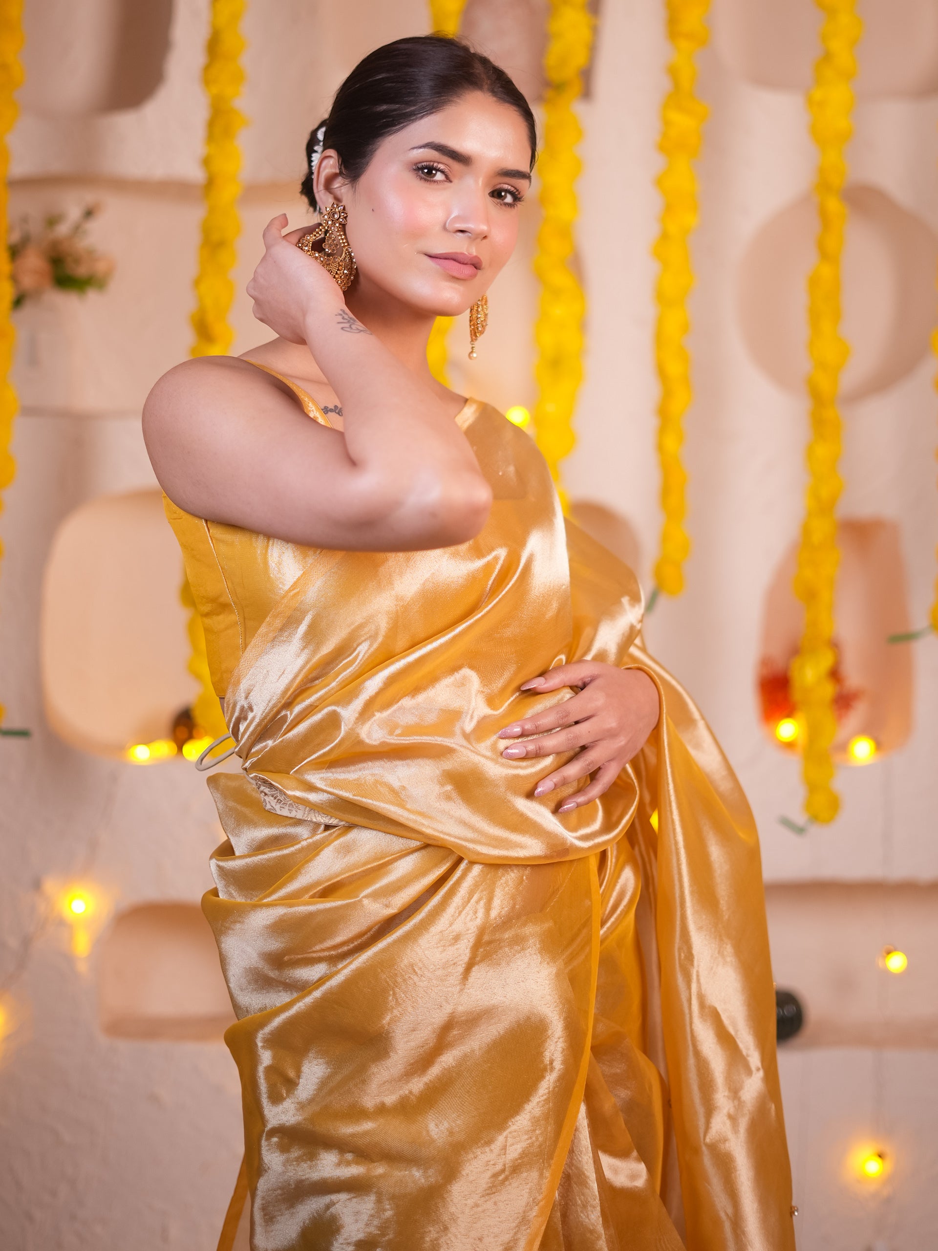 Banarasi Haldi Tissue Saree With Beads And Blouse Fabric