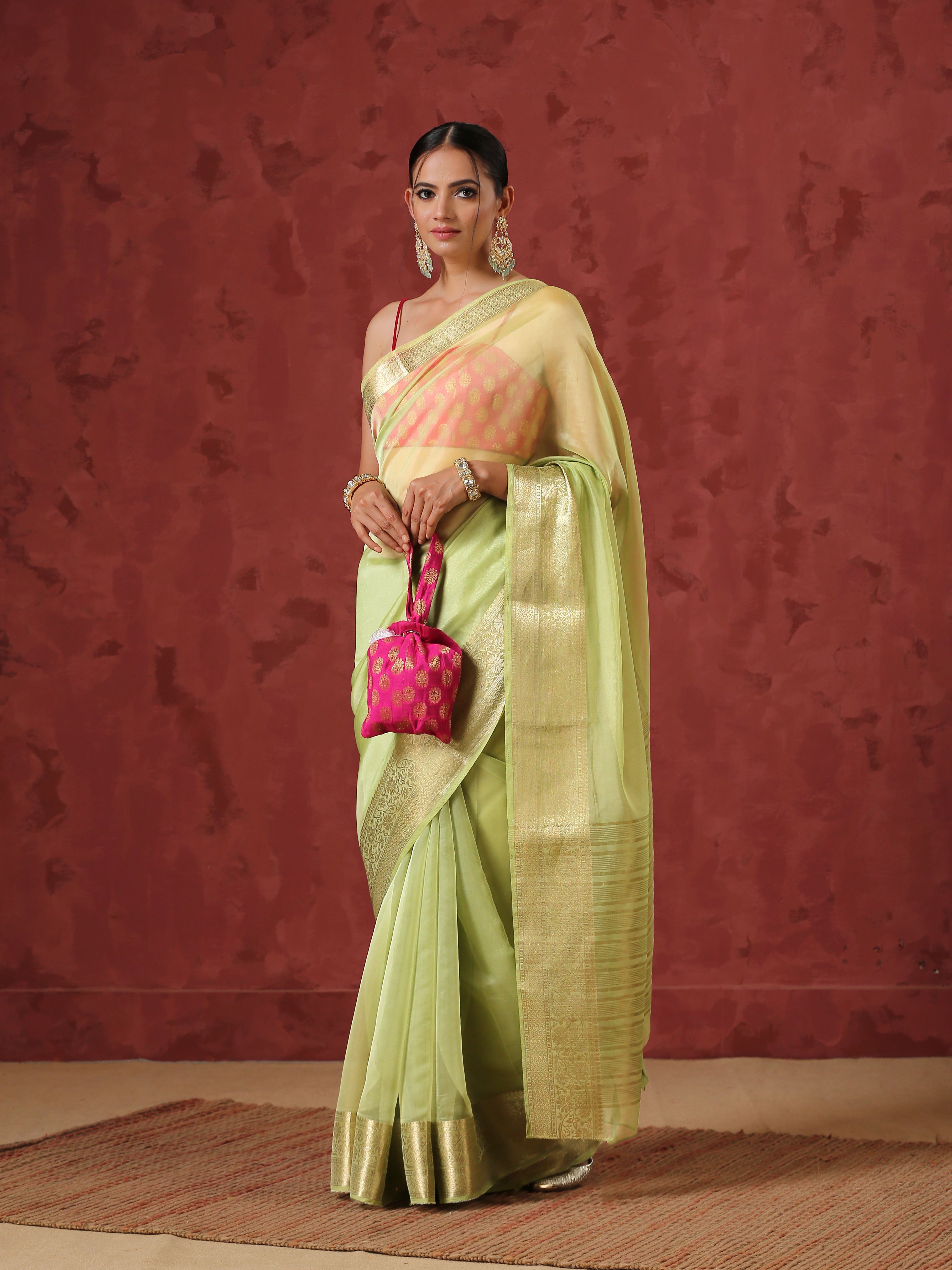 Mehendi Organza Saree with Border