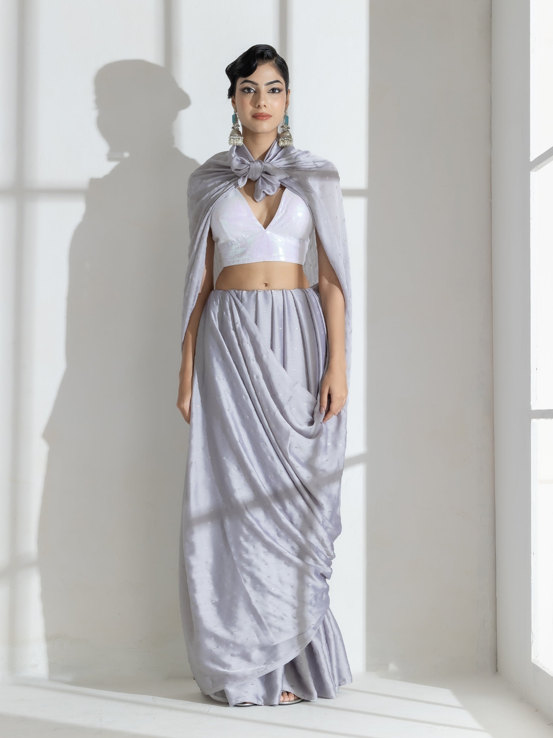 Silver Grey Printed Butter Chiffon Saree