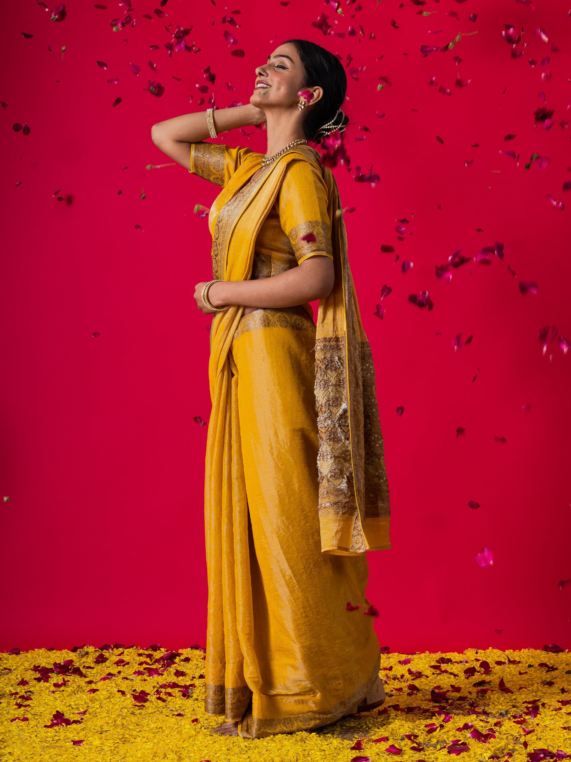 Mustard Brown Gold Shine Soft Saree with Blouse Fabric