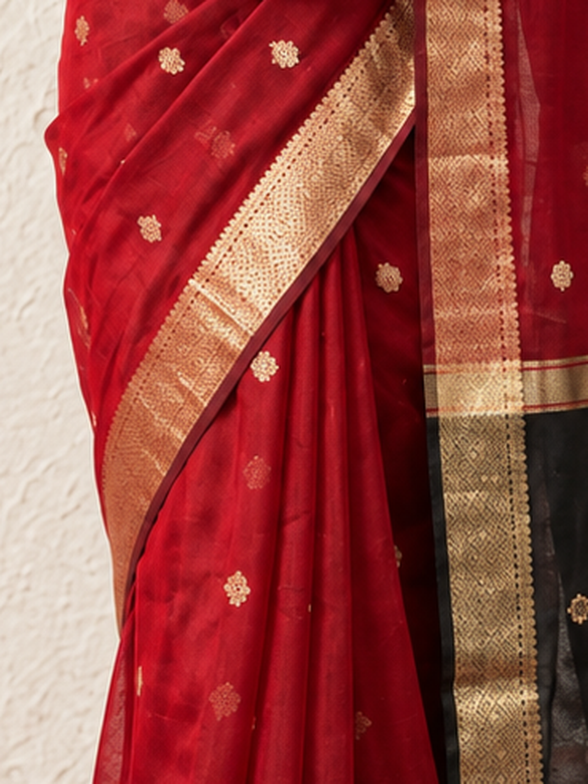 Red and Black Chanderi Cotton Silk Saree with Matching Black Blouse Fabric