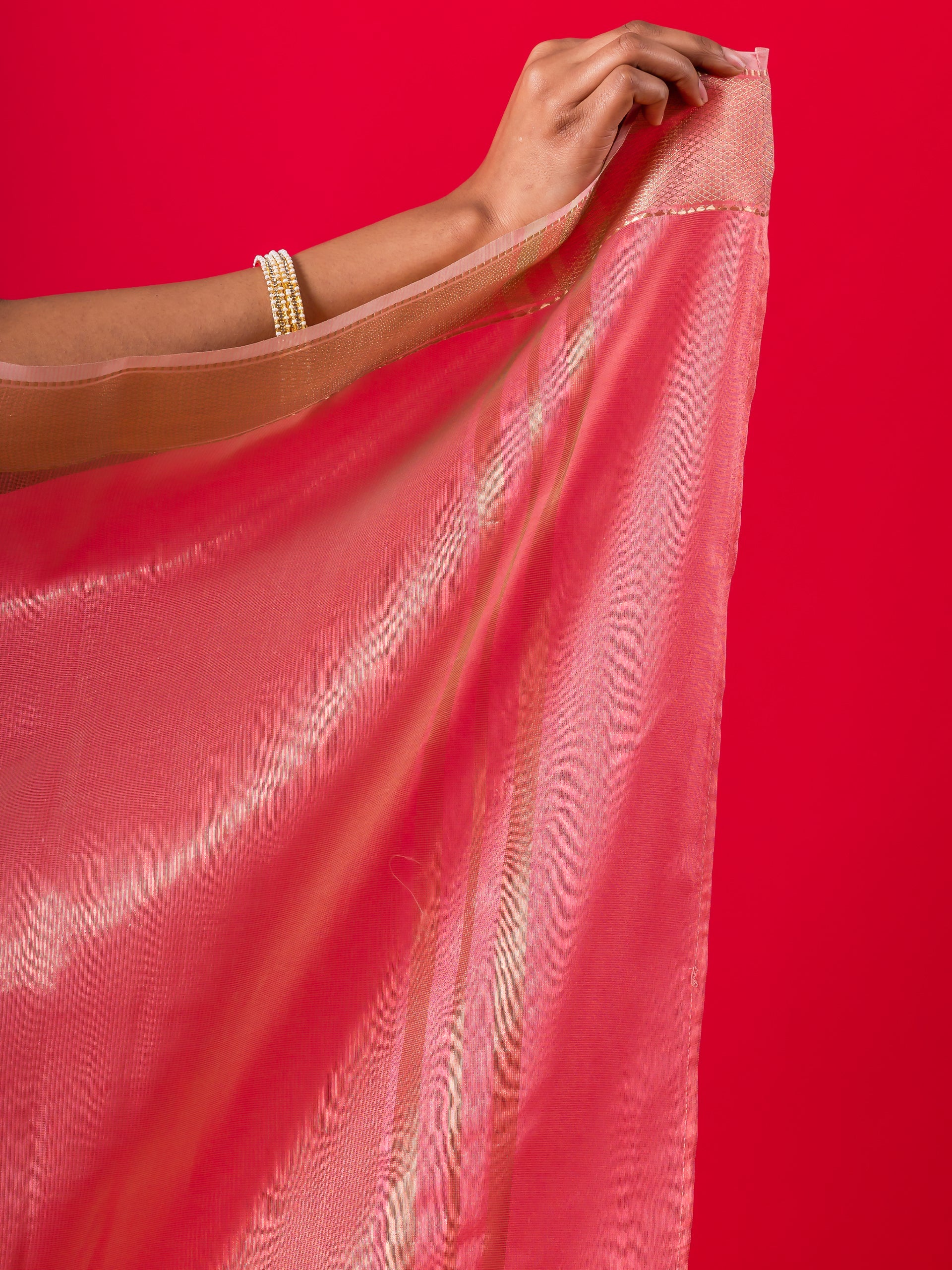 Flamingo Pink Gold Metallic Saree with Blouse Fabric