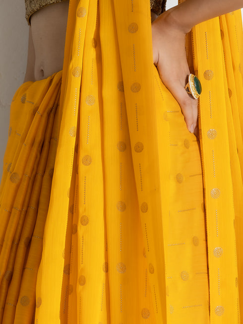 Yellow with Gold Circles Butter Chiffon Saree