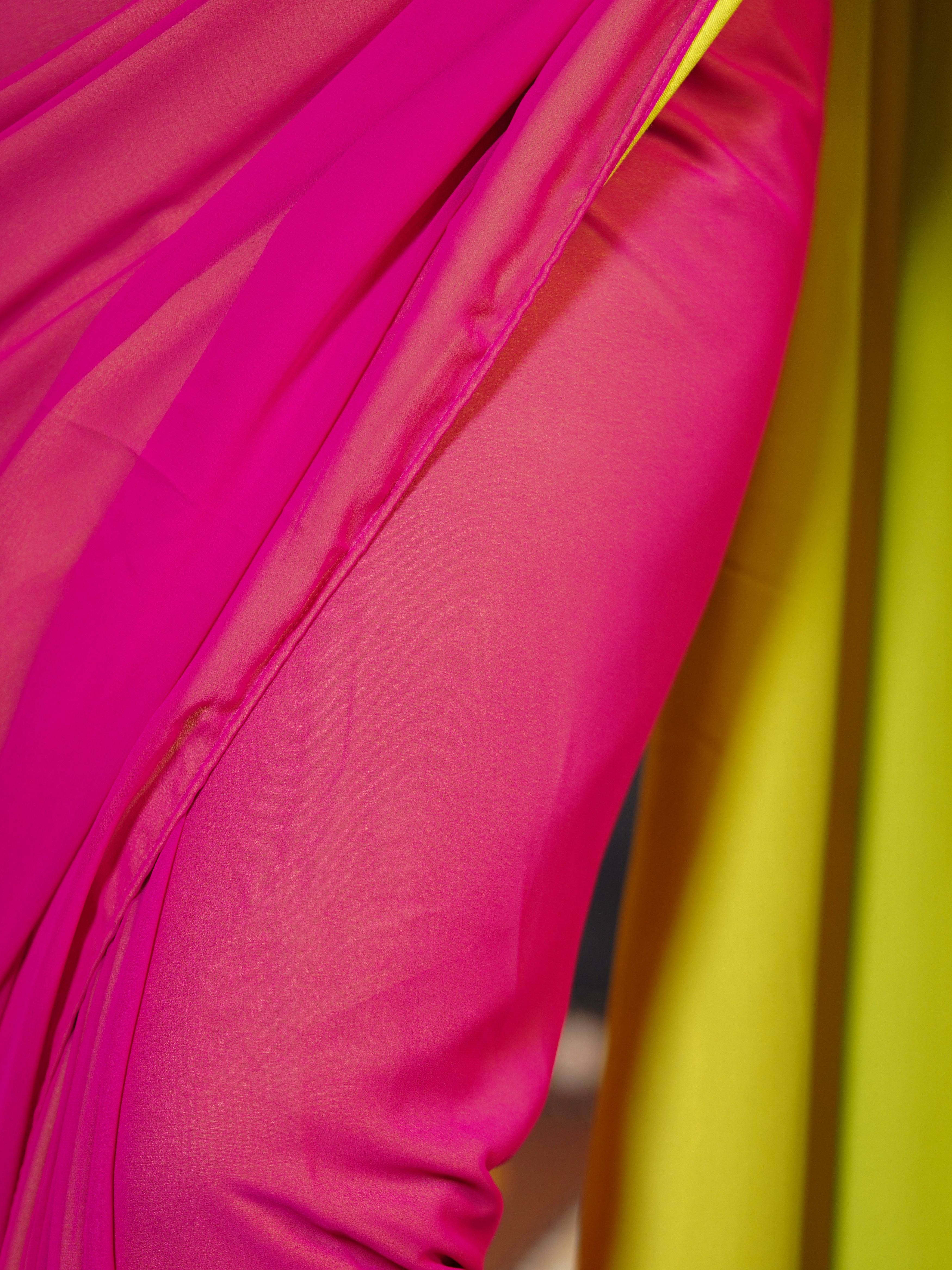 Pre-Draped 1-Minute Fuchsia Georgette with Neon Yellow Crepe Saree with Pearl Pendants and Blouse Fabric